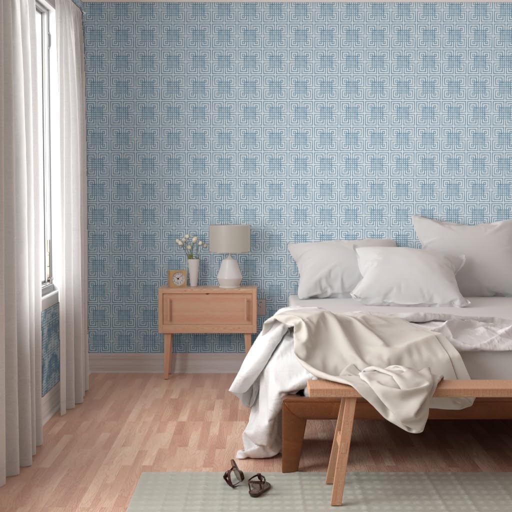 Spoonflower Peel & Stick Wallpaper 3ft x 2ft - Grid Blue Asian Plaid Geometric Greek Key Abstract Custom Removable Wallpaper