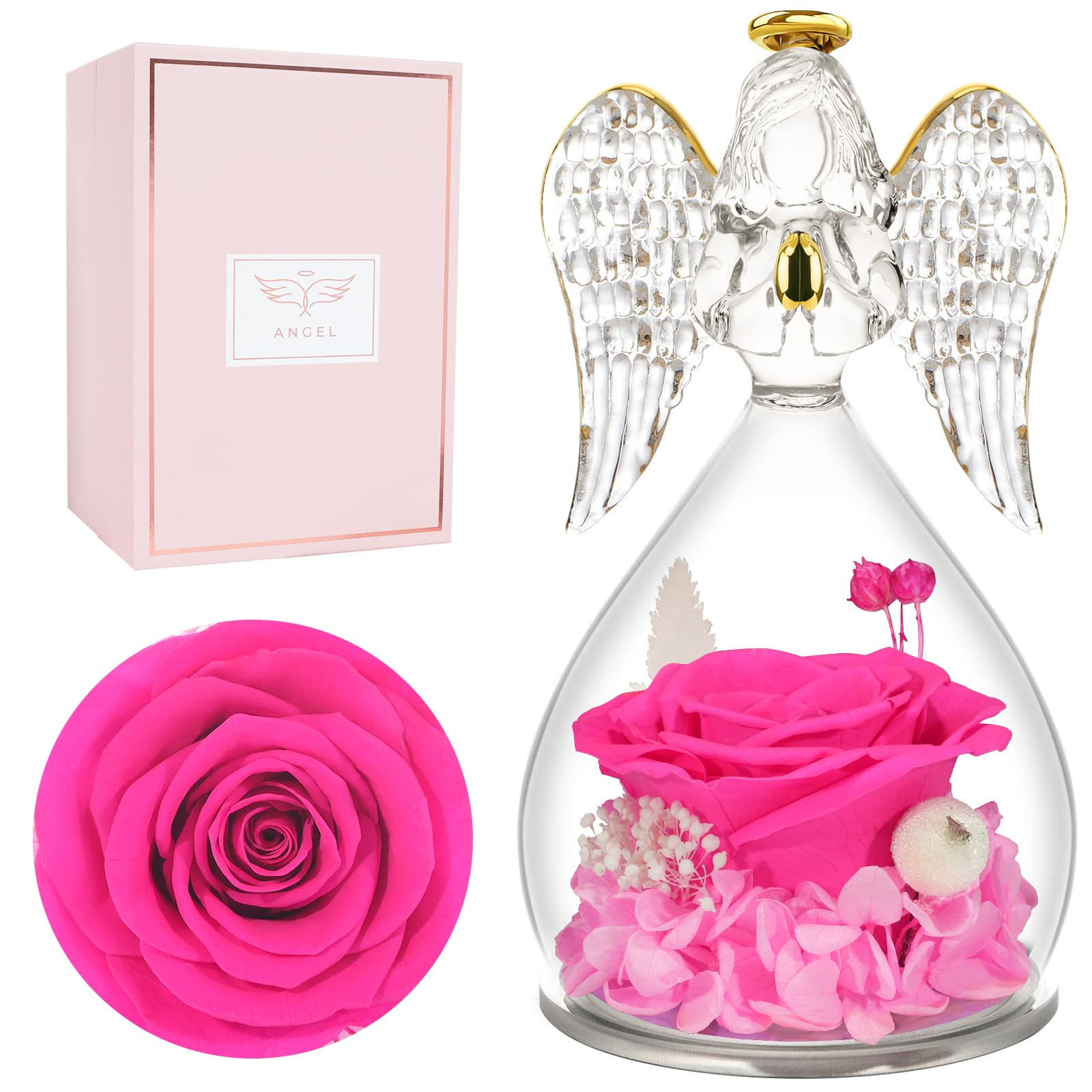 Miofula Gifts for Mom Birthday Gifts for Women, Preserved Flowers Rose in Glass Angel Figurines, Fresh Flowers for Delivery Anniversary Forever Real Roses Gifts for Mothers Grandma Her Wife Girlfriend