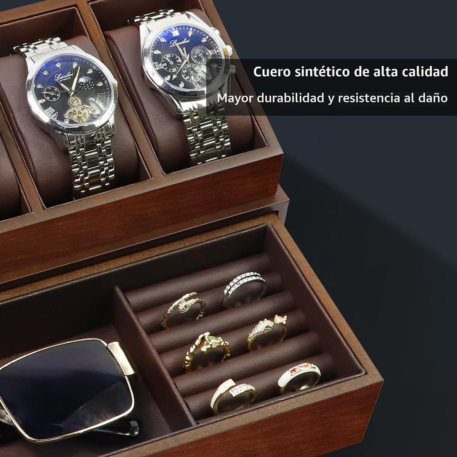 KAMIER Caja de Relojes de Madera para Hombre 6 Unidades, Expositor con Tapa de Vidrio Acrílico y Cajón, Estuche Joyero y Organizador de 2 Niveles - Nogal