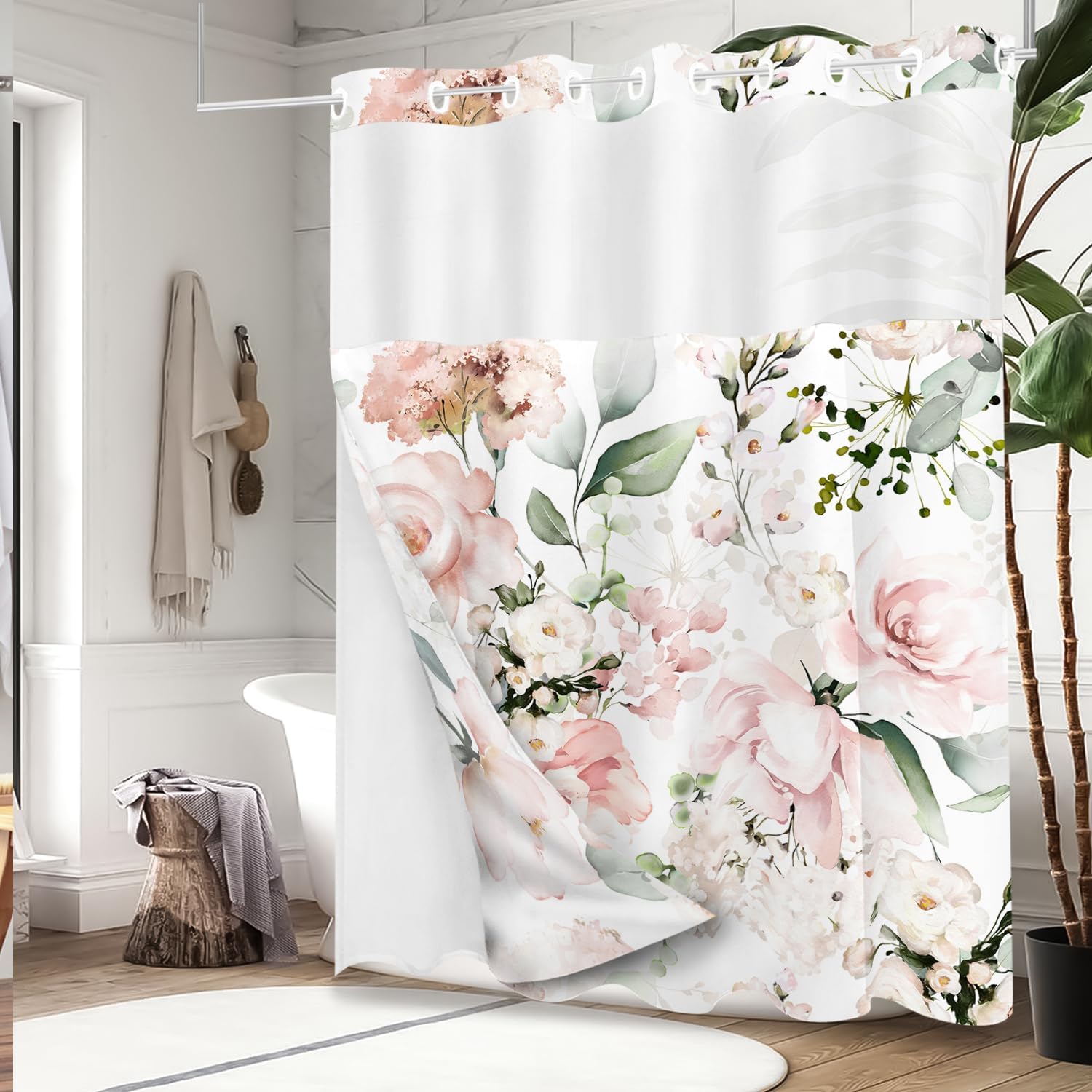 Tititex No Hooks Snap in Liner Blooming Bright Pink White Roses Floral Green Leaves Shower Curtain, Hotel Luxury Double Layers Waterproof Fabric & See-through Top Window Bathroom Decorative 72x72 Inch