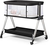 Fodoss Bedside Bassinet Sleeper for Newborns: 4-Sided Mesh, Wheels, Storage Tray, 7 Height Adjustable, Easy Fold Crib