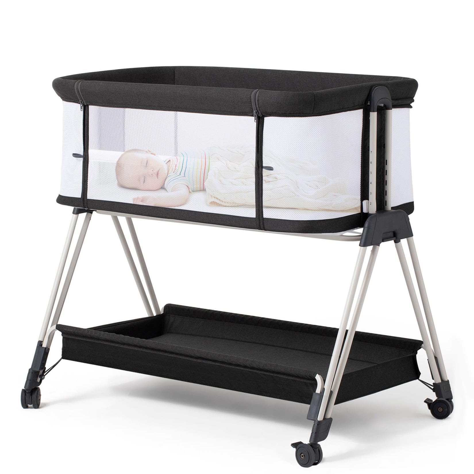 Fodoss Baby Bassinet Bedside Sleeper with Wheels and Storage Tray,4-Sided Mesh Bedside Bassinet for Infant/Newborn,7 Height Adjustable Easy Folding Bedside CribFodoss Baby Bassinet Bedside Sleeper with Wh…