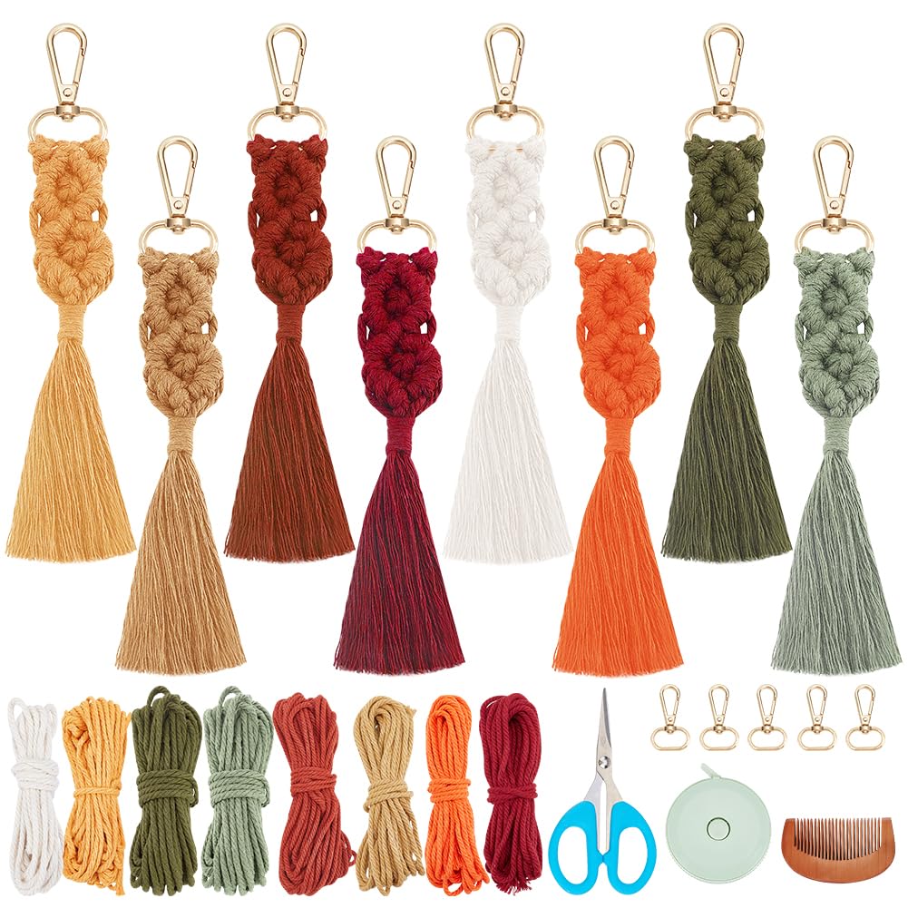 WEBEEDY 8 Sets Macrame Keychain Kit DIY Macrame Autumn Colors Keychain for Boho Bag Charm Macrame Kit for Adults Beginners