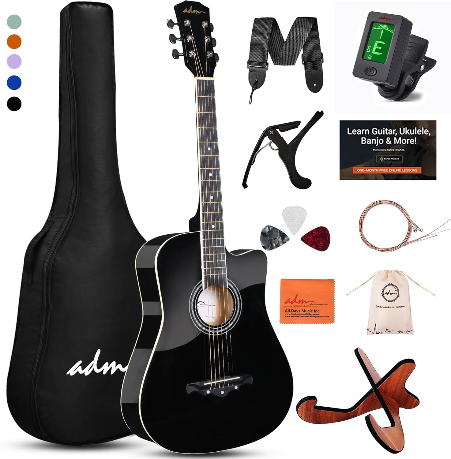 ADM 38" Inch Acoustic Guitar Bundle for Beginners Adults with Online Lesson, Cutaway Wood Acustica Guitarra Starter Set Package with Gig Bag, Strap, Steel Strings, Picks, Capos, Stand, Black 1 38 Inch Black 1