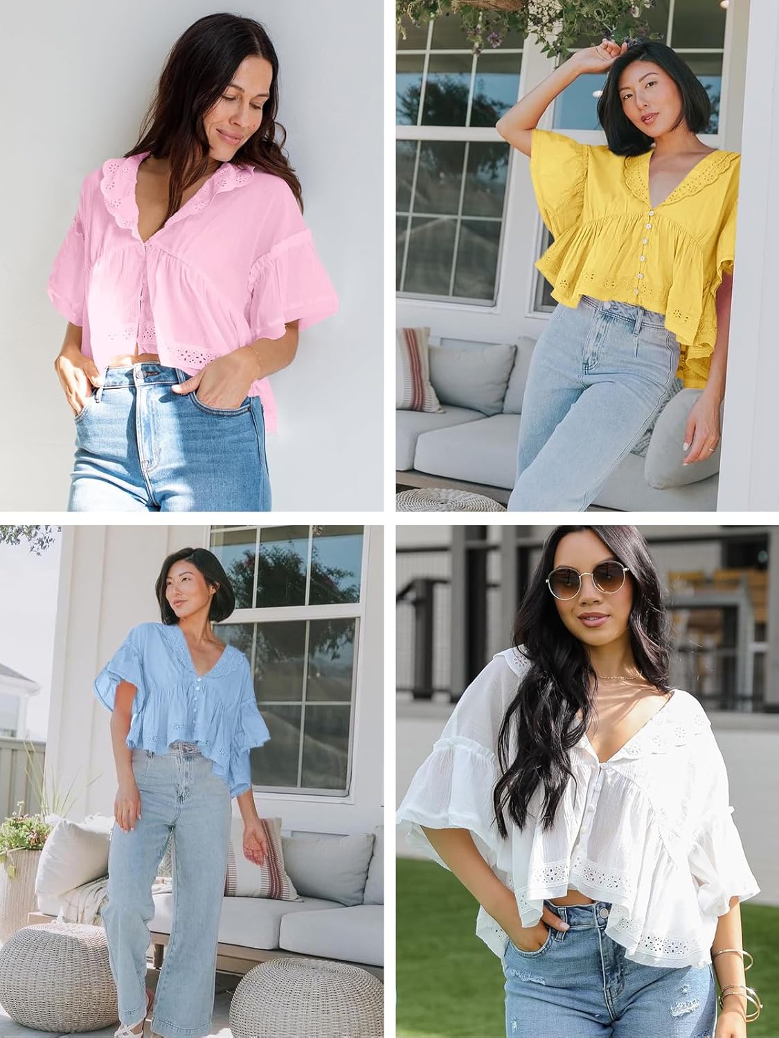 Cicy Bell Womens Cropped Babydoll Tops Summer Eyelet V Neck Short Sleeve Cute Blouses Ruffle Shirts - Image 7