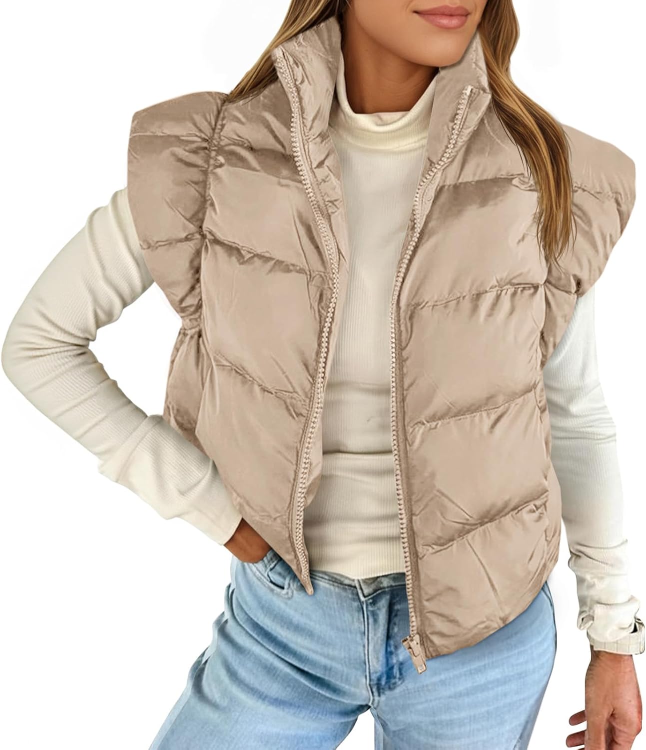Tankaneo Womens Cropped Puffer Vest Cap Sleeve Zip Up Puffy Qulited Jacket Stand Collar Padded Gilet Coat Winter Outerwear