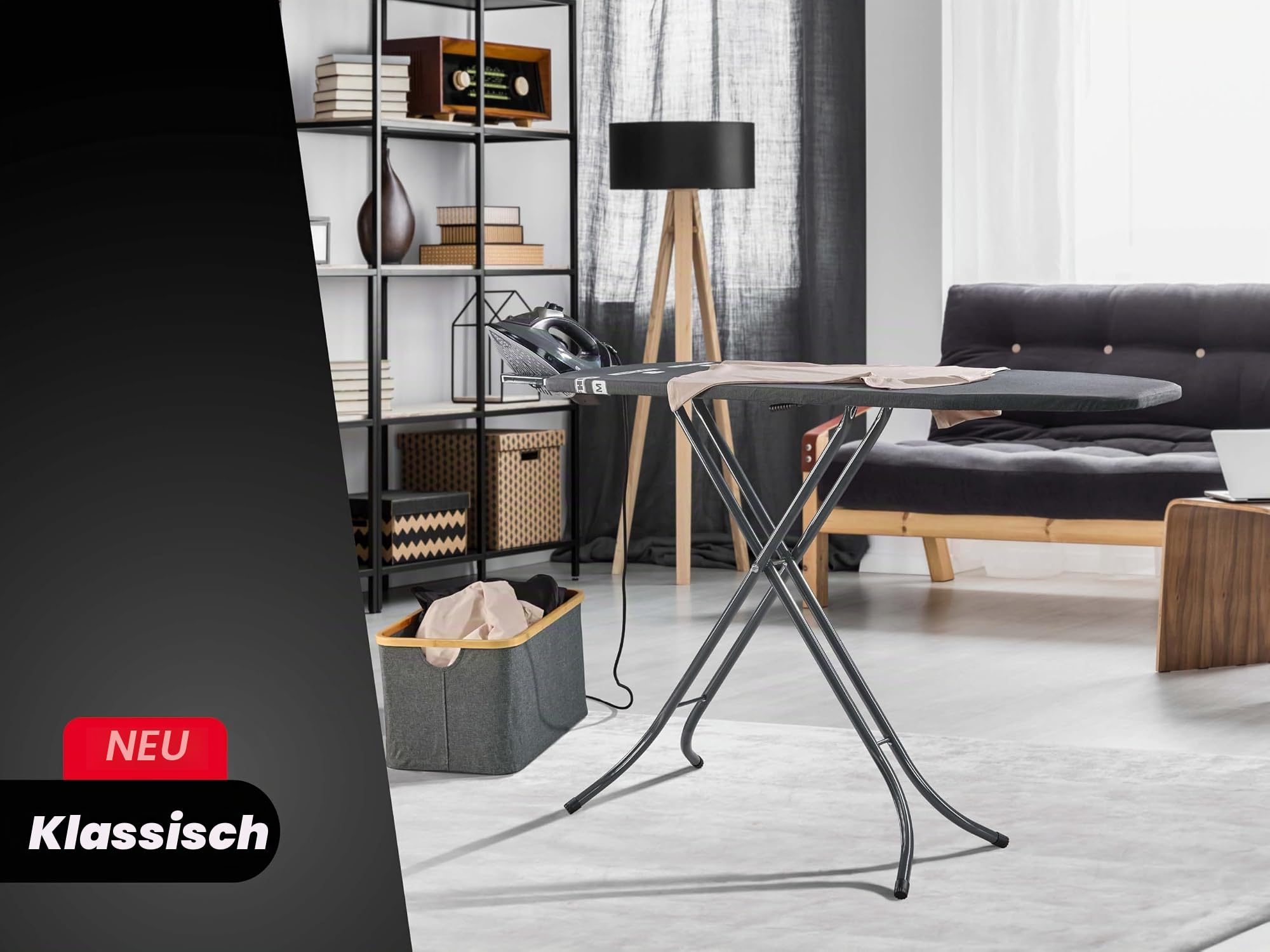 Leifheit Bügelbrett Classic M Black, Bügeltisch mit Fläche bis 120 x 38 cm | Kompakter Bügeltisch in Anthrazit, 69-88 cm verstellbar, feste Metall-Bügeleisenablage, Transportsicherung, schwarz