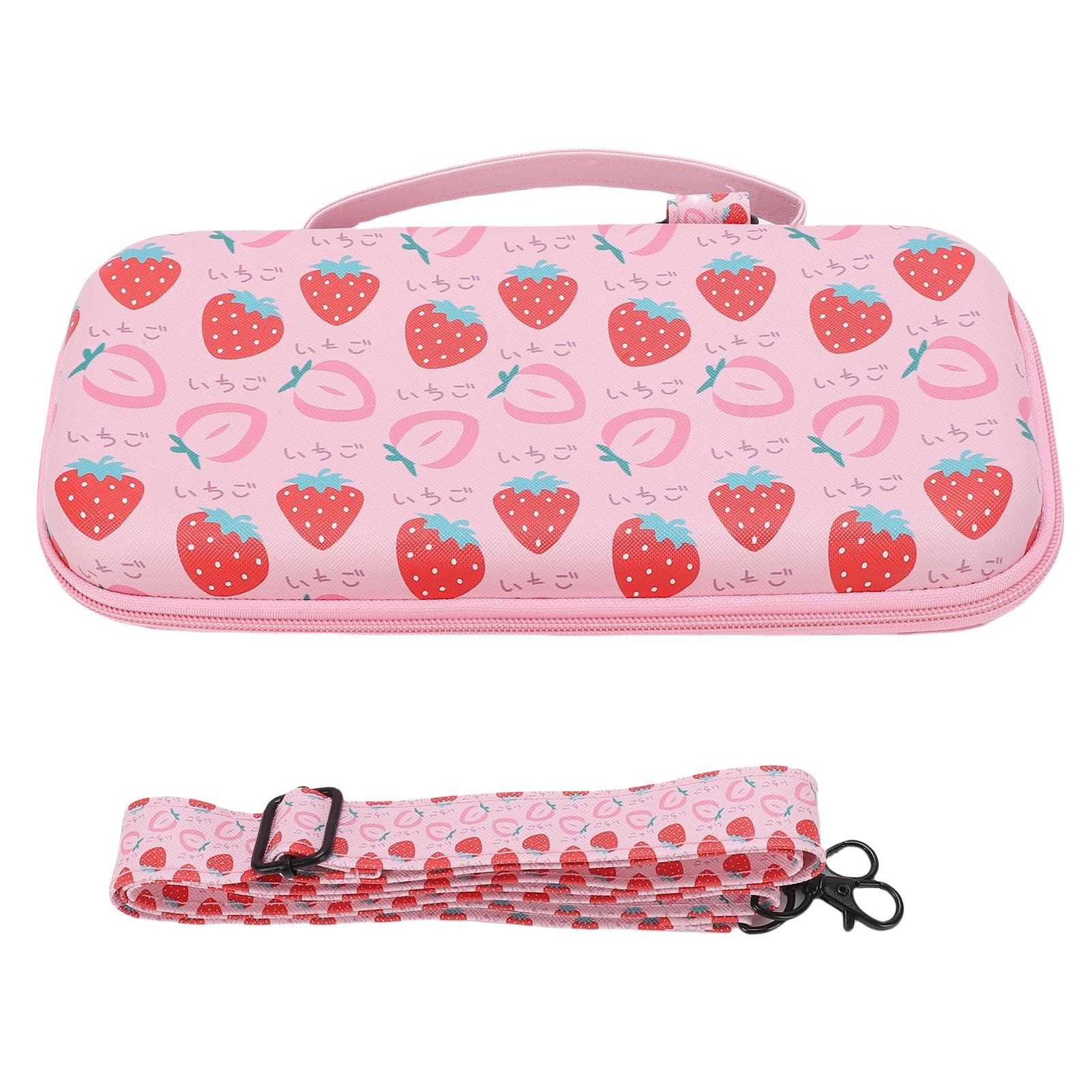 Ejoyous Custodia per Console di Gioco Portatile, Custodia Rigida per Console di Gioco Portatile in EVA con 12 Slot per Schede Tasca in Rete da Viaggio Rosa Fragola per 2 Ragazze (con cinturino)