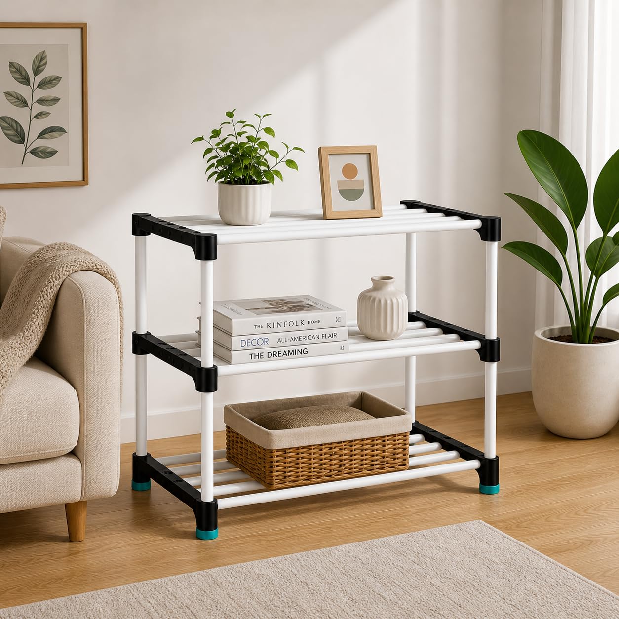 Plexus Pro 3 Layer Shoe Rack | Space Saving Shoe Organizer for Home, Living Room & Entryway | Durable Plastic Shelves with Rustproof Metal Pipes | Easy Assembly Multipurpose Storage Stand-image-35