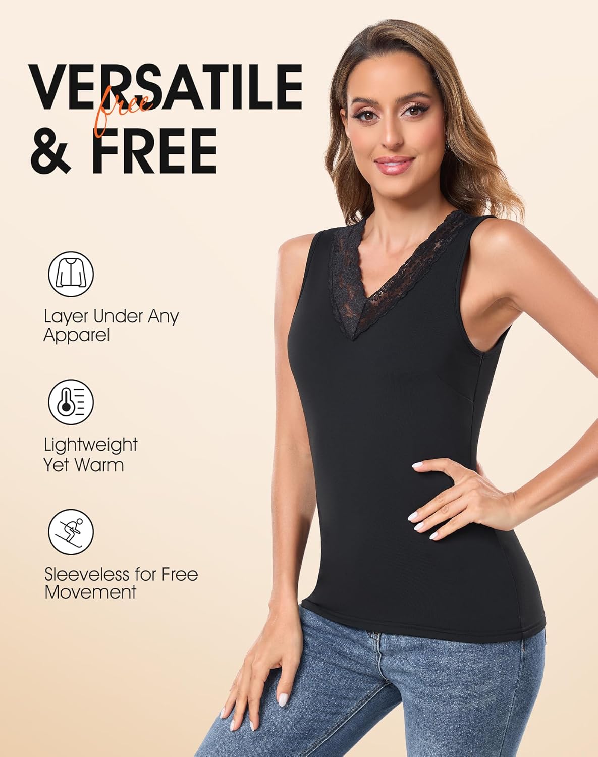 Thermal Tank Top for Women Lace V Neck Fleece Lined Base Layer Sleeveless Undershirts Thermal Underwear Vest for Cold