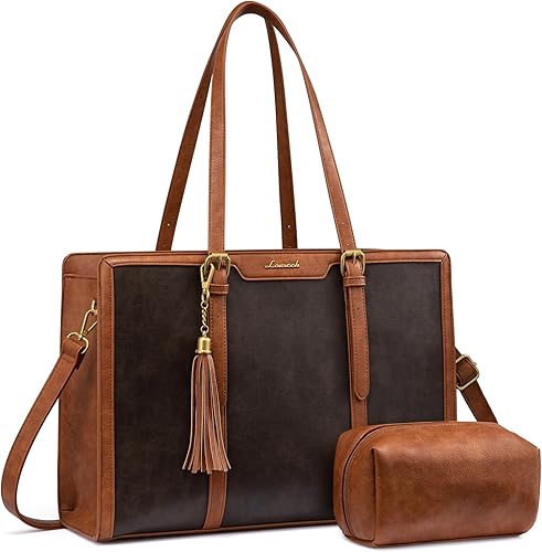 Miniatura 15 de LOVEVOOK Bolsa para laptop para mujer, bolsa de trabajo de cuero vintage de 17.3 pulgadas, bolsa de computadora de gran capacidad con bolso de mano