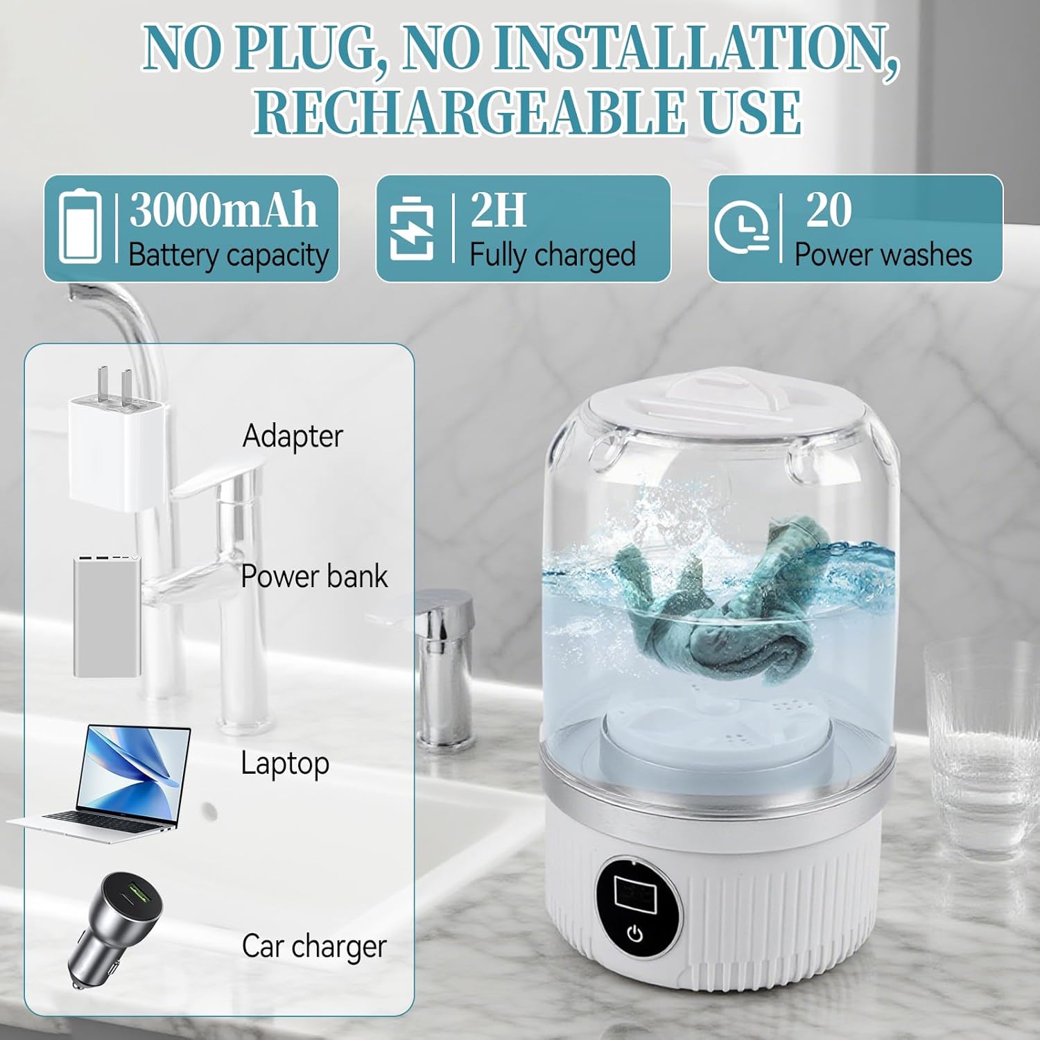 JOJOCY Portable Mini Washing Machine, Rechargeable 15W Cordless Underwear Washer for Bra, Socks, Baby Clothes, Travel & Dorm Use USB-Powered Laundry Cup 2 Wash Modes (White)