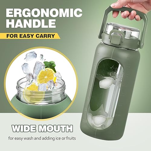 Vista 5 de BLUEGO Botella de agua de vidrio de 64 onzas con asa y pajilla, botella de agua deportiva motivacional con marcador de tiempo y funda de silicona