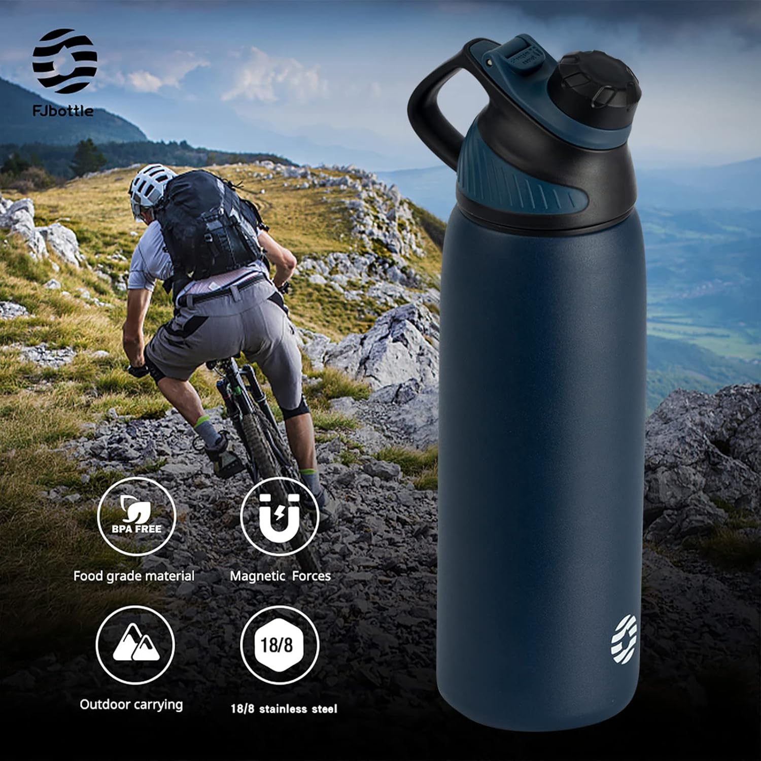 Insulated Water Bottle, Wide Mouth 14oz Vacuum Stainless Steel Kids Thermo Flask, BPA-Free Leak-Proof Chute Mag Reusable Sports Water Bottle for Travel School Outdoors Fitness(Blue) Navy Blue 14oz