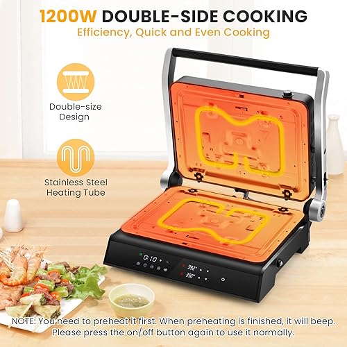 Miniatura 4 de COSTWAY Parrilla eléctrica de prensa Panini, sandwichera gourmet de 1200 W con platos antiadherentes de doble cara y bandeja de goteo extraíble,