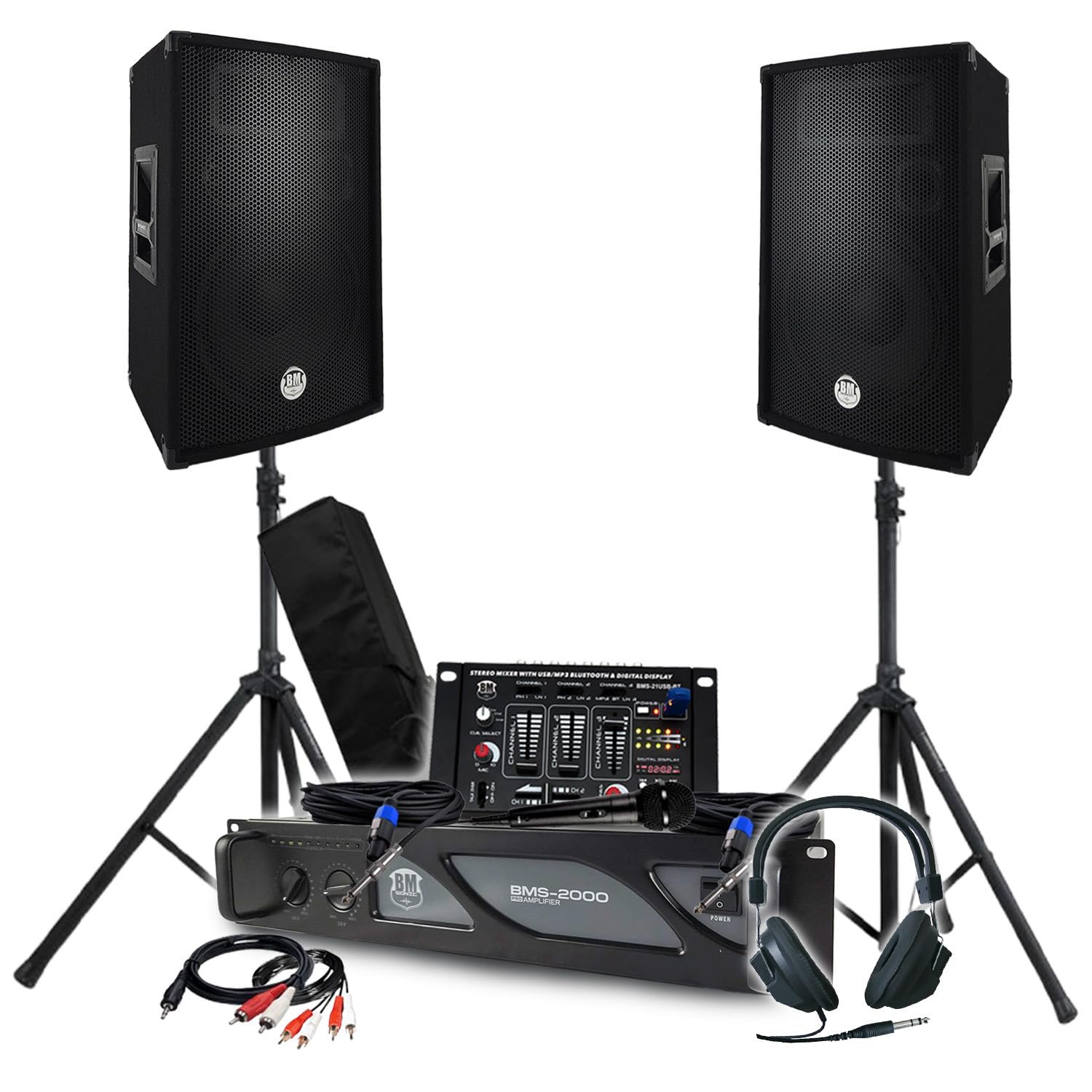 Pack Sono BM Bmsonic Amplificateur 2000W, Paire d'Enceintes Passives 2x600W, Table de Mixage, Pieds, Casque DJ, Câbles et Micro