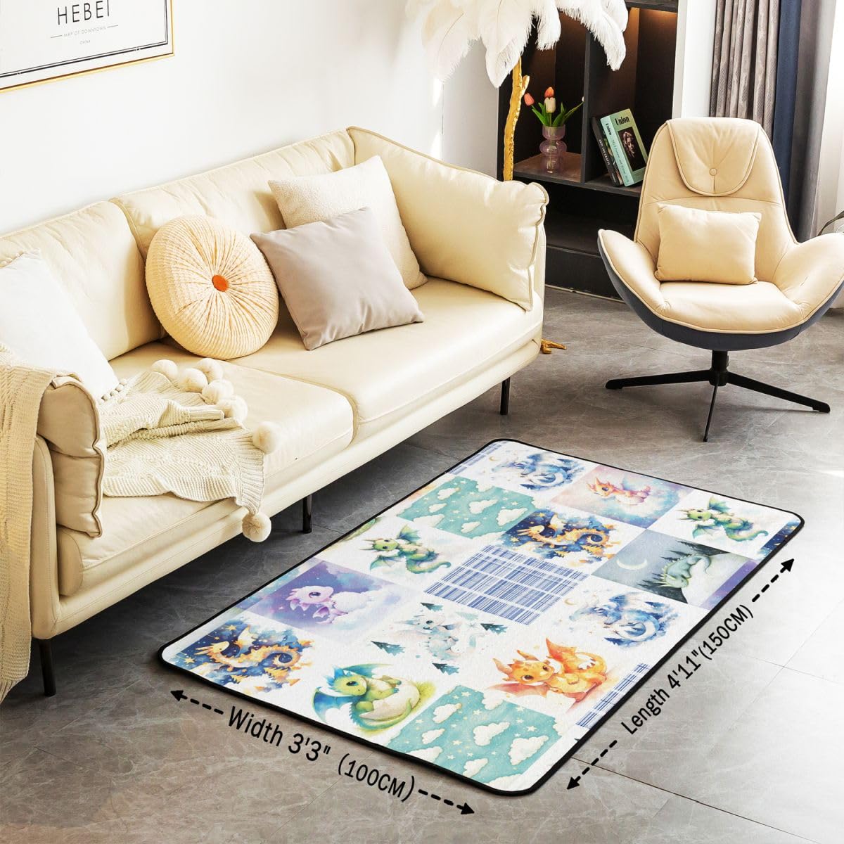 Dinosaurier Teppich 100x150cm Süß Autotoon Drucken Modern Teppich Streifenlinie Wohnzimmerteppich Wildes Tier Küchenteppich Wildtiere Weich Waschbar