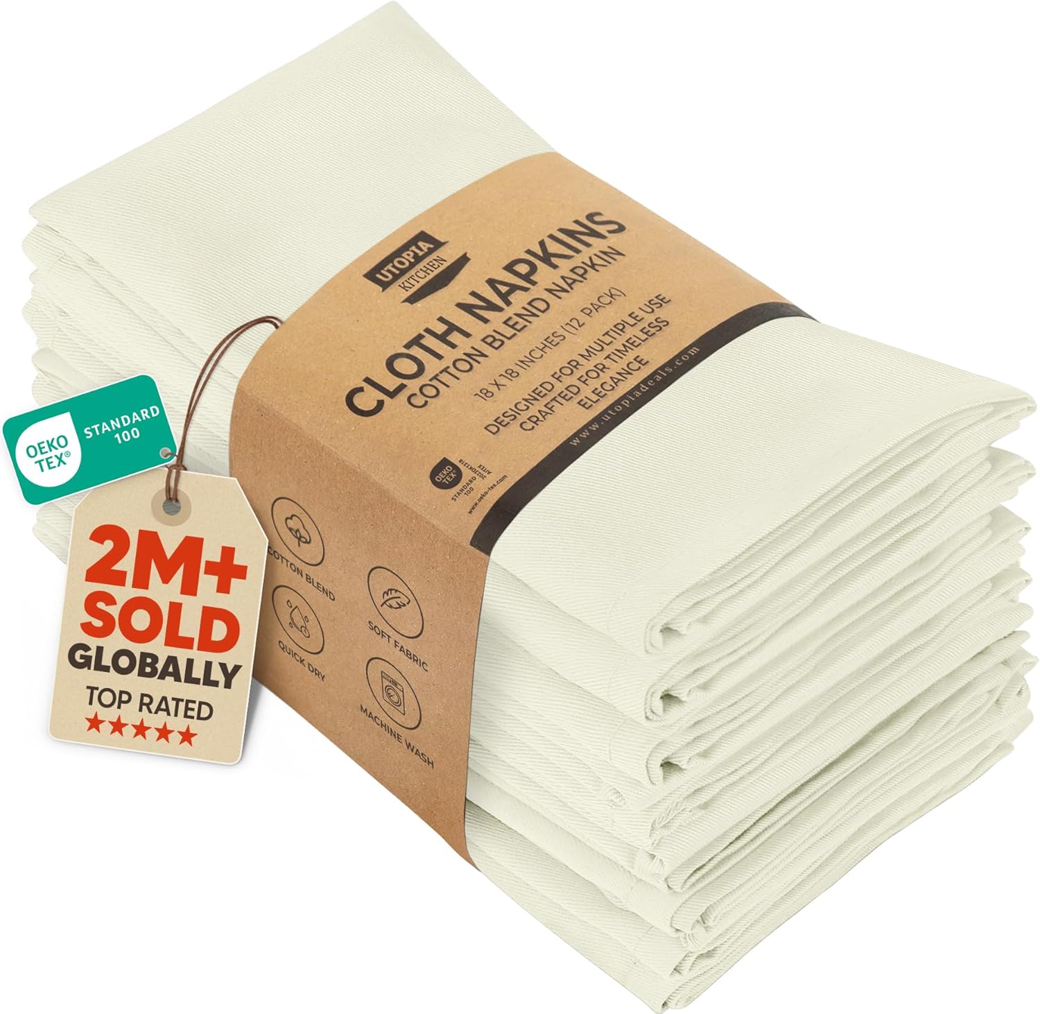 Utopia Kitchen 12 Pack Ivory Cloth Napkins 18x18 Inch - Absorbent Cotton Poly Blend, Washable Reusable Dinner Napkins for Weddings, Restaurants & Home