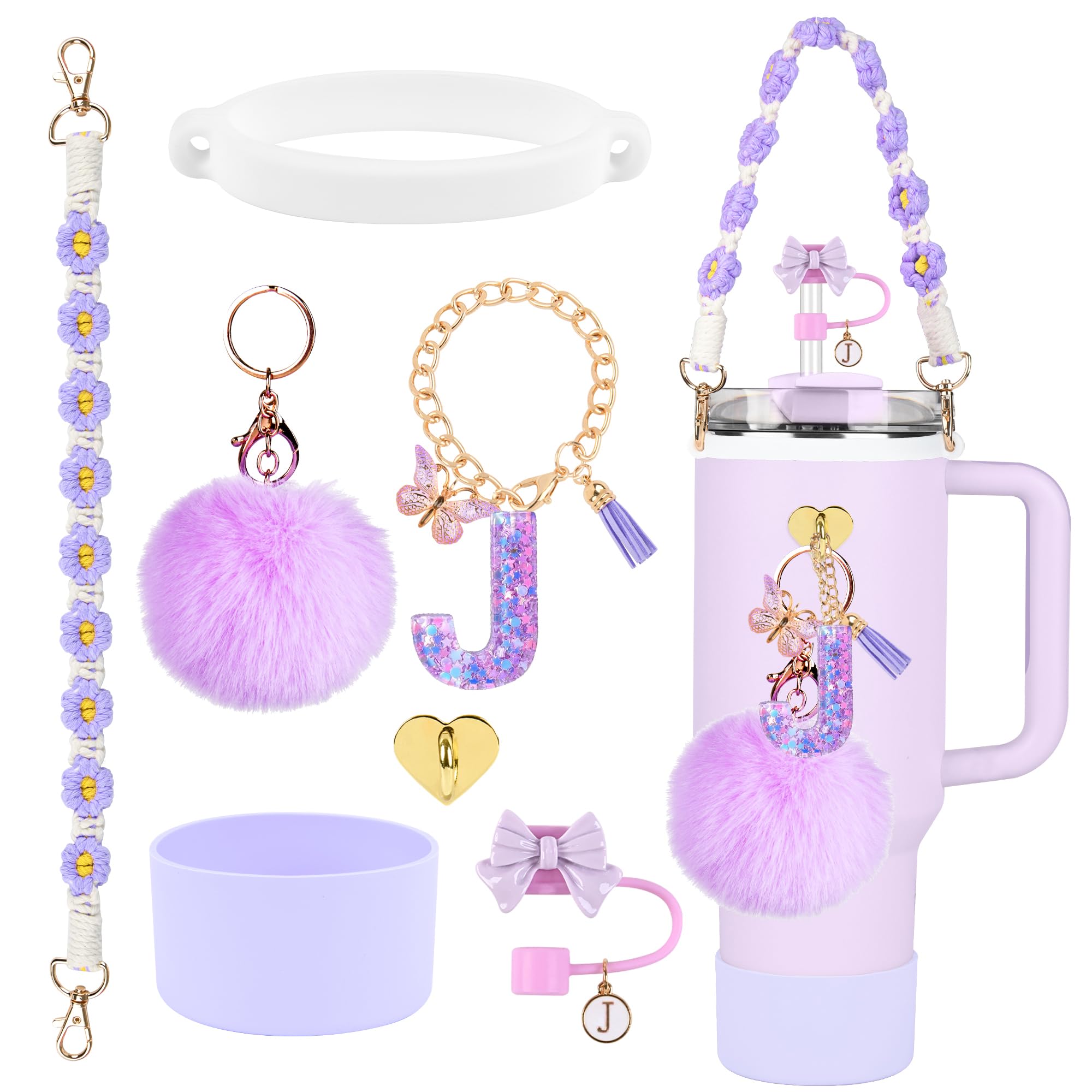 Stanley Cup Accessories Set For Tumbler Stanley, Including 10mm Butterfly Straw Cover, Cup Letter Charms, Bling Silicone Boot, Letter Sticker And Butterfly Embroidered Sticker (Lilac Purple, Letter A