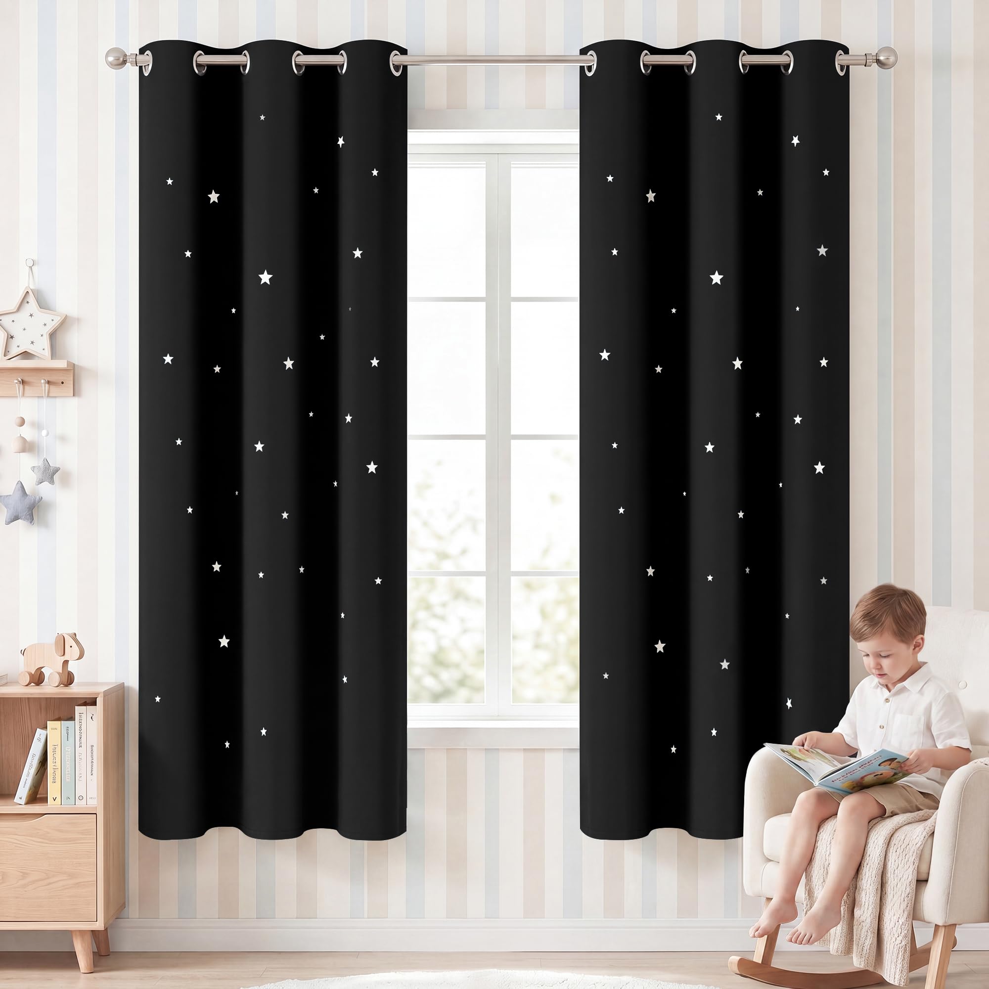 NICETOWN Black Magic Starry Window Drapes for Nursery, W42 x L63, 2 Pack