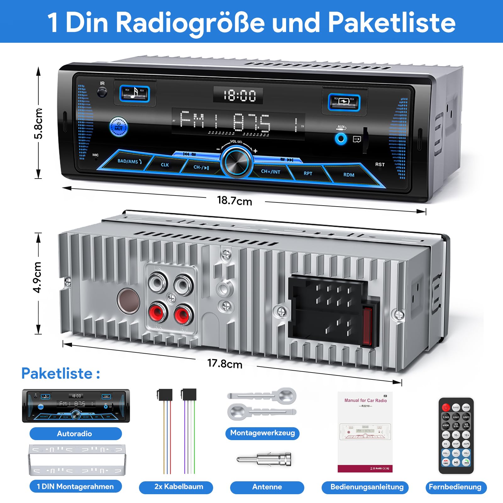 RDS Autoradio Bluetooth für 2 USB,Wistrue FM/AM Autoradio 1DIN,7 Farben Radio mit Fernbedienung MP3 Player 9-24V/Unabhängiger Uhr/SD/AUX