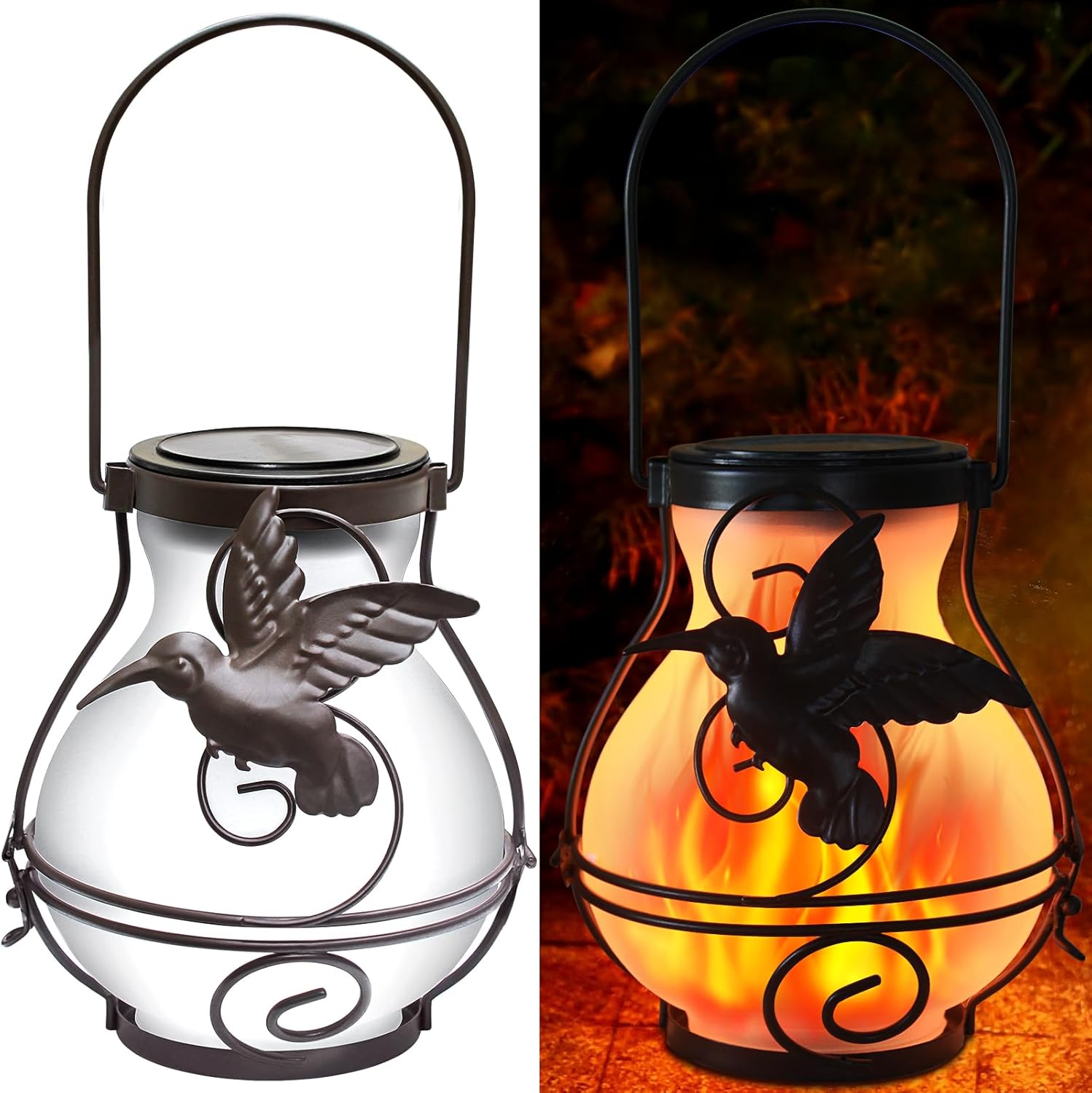 2 Pack Solar Flickering Flame Lights,Outdoor Upgraded Metal Lantern for Hanging Solar Powered Waterproof LED Flame Glass Lanterns for Patio Garden Christmas Halloween Decorations