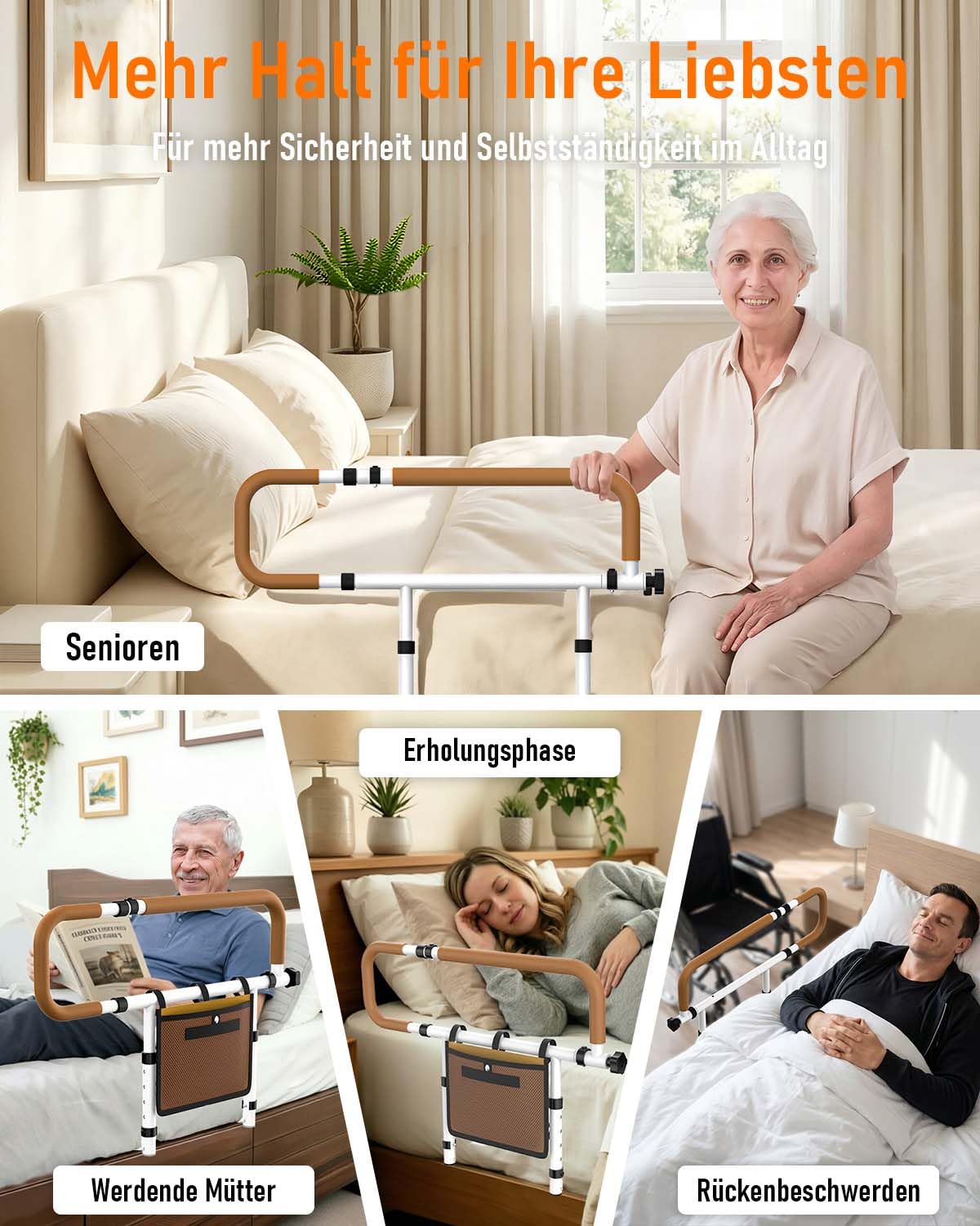 Aufstehhilfe Bett, Bettgitter für Senioren, klappbar, leicht montierbar | Stabiles Stahlgestell, Doppelfixierung mit Gurt und Schrauben, höhen- und breitenverstellbar, Tasche, bis 136 kg belastbar