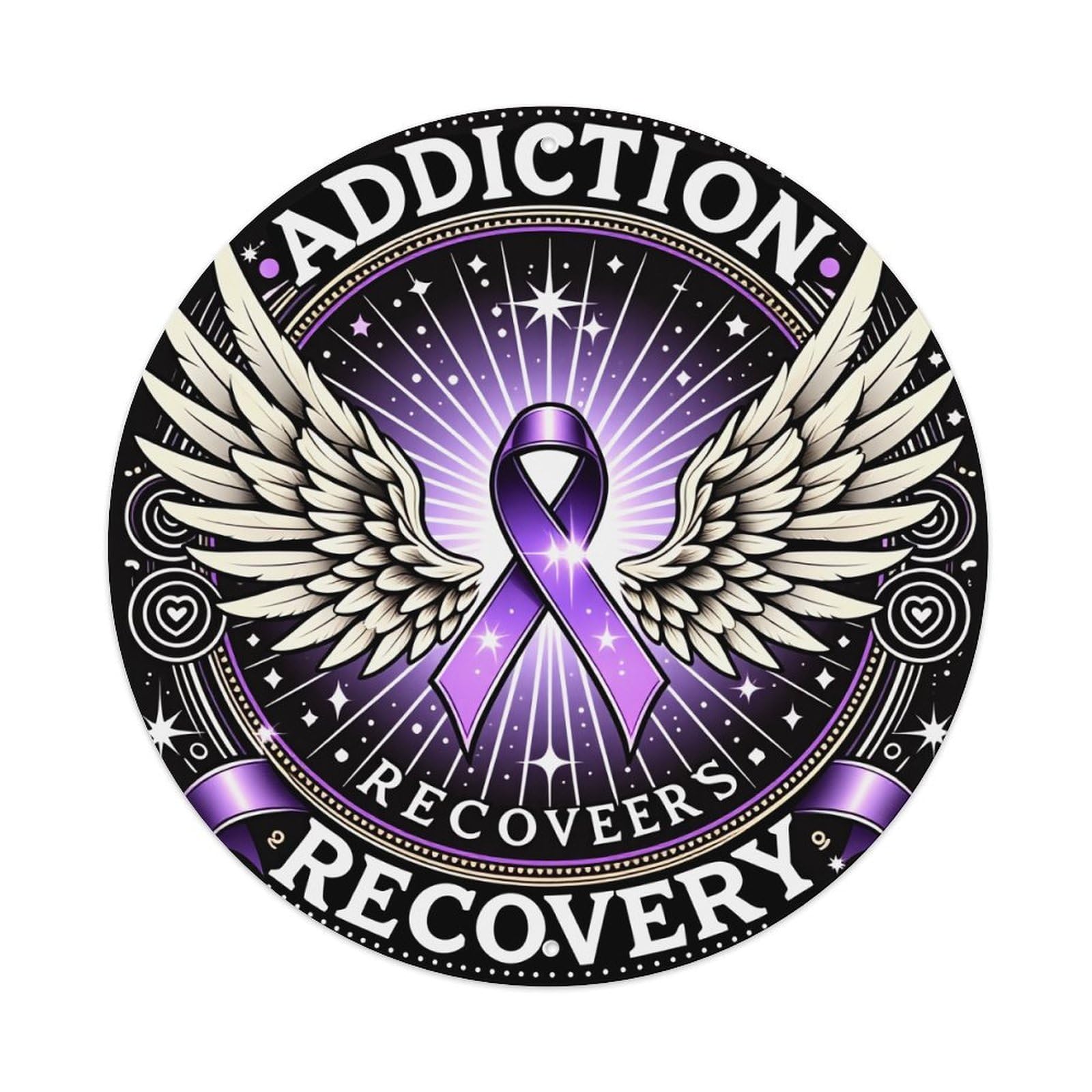 Addiction Recovery Ribbon Wings Stars Round Tin Sign Vintage Metal Poster, Home Bar Garage Man Cave Cafe Indoor & Outdoor Wall Decoration 8x8Inches