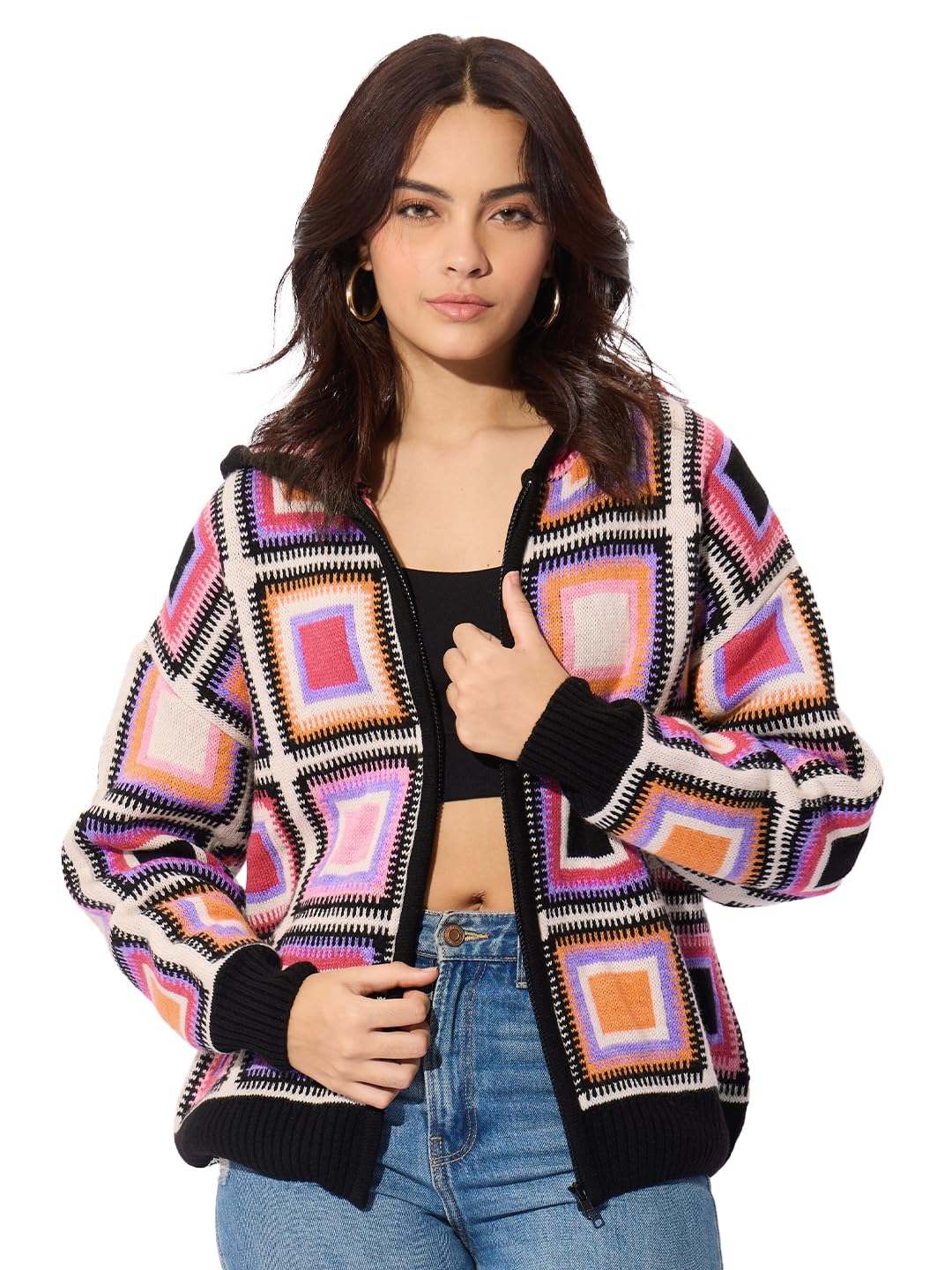 the souled store Prismatic Women and Girls Long Sleeves Hooded Neck Zipper Front Multicolored All Over Printed Regular Fit Knitted Sweaters-picture-37
