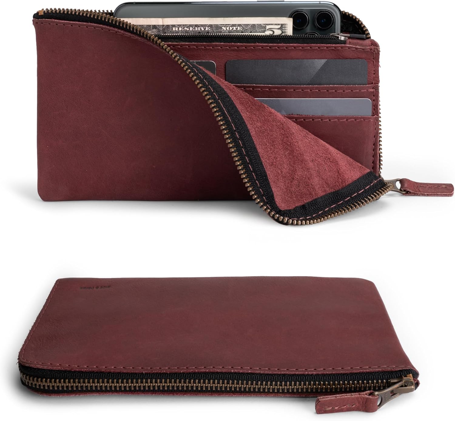 Hide & Drink, Leather Long Zippered Wallet, Holds Up to 8 Cards Plus Coins And Flat Bills, Phone Holder, Travel Essentials, Handmade (Bourbon Brown)
