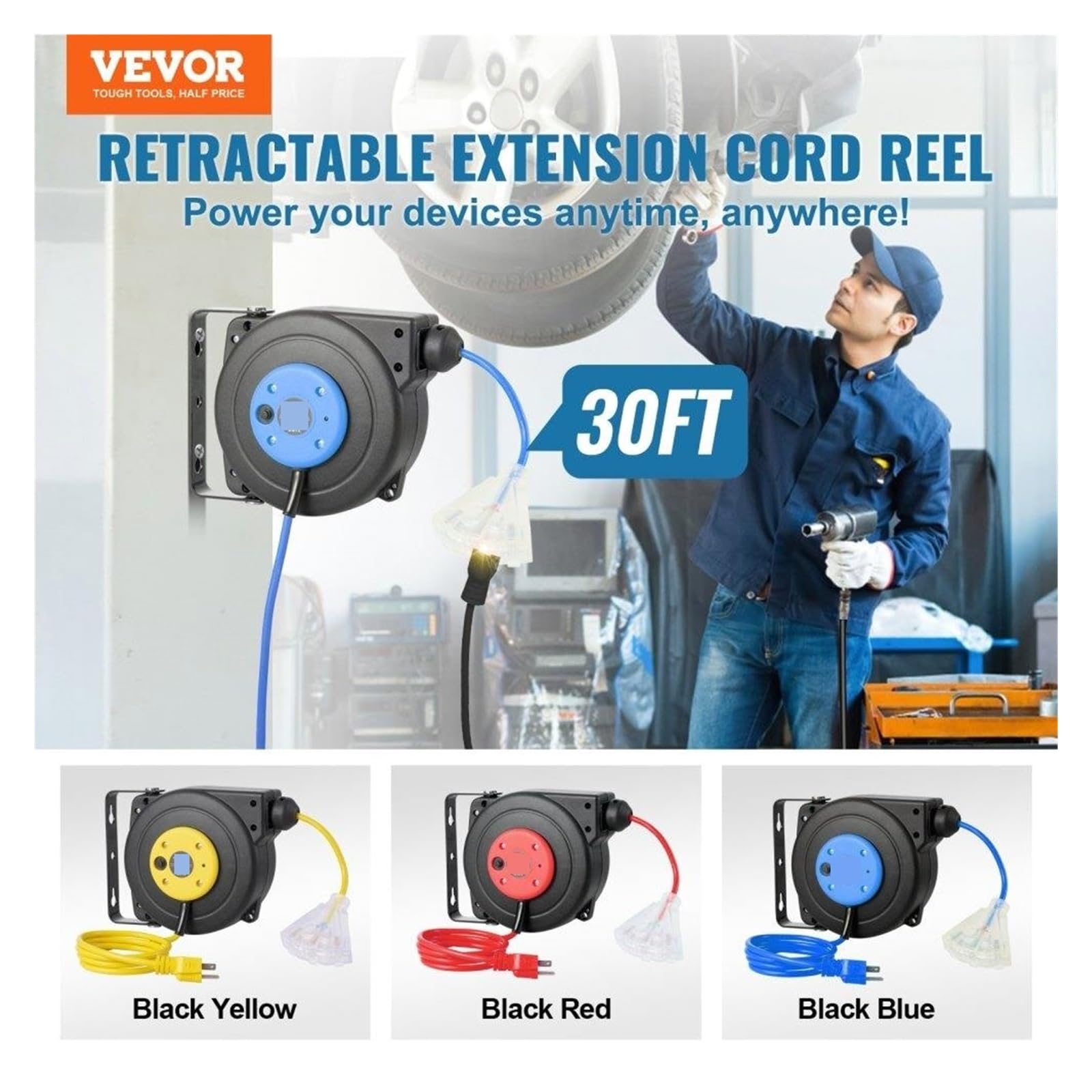 Avvolgicavo, Bobina for Cavo di Alimentazione Retrattile da 30 Piedi 16AWG/3C SJTOW - Organizer for Cavi di prolunga for Un Facile utilizzo