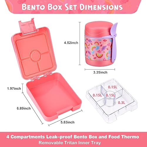 Miniatura 5 de Juego de lonchera Bento con termo de sopa de 10 onzas, recipientes de almuerzo a prueba de fugas con 4 compartimentos, tarro térmico para alimentos