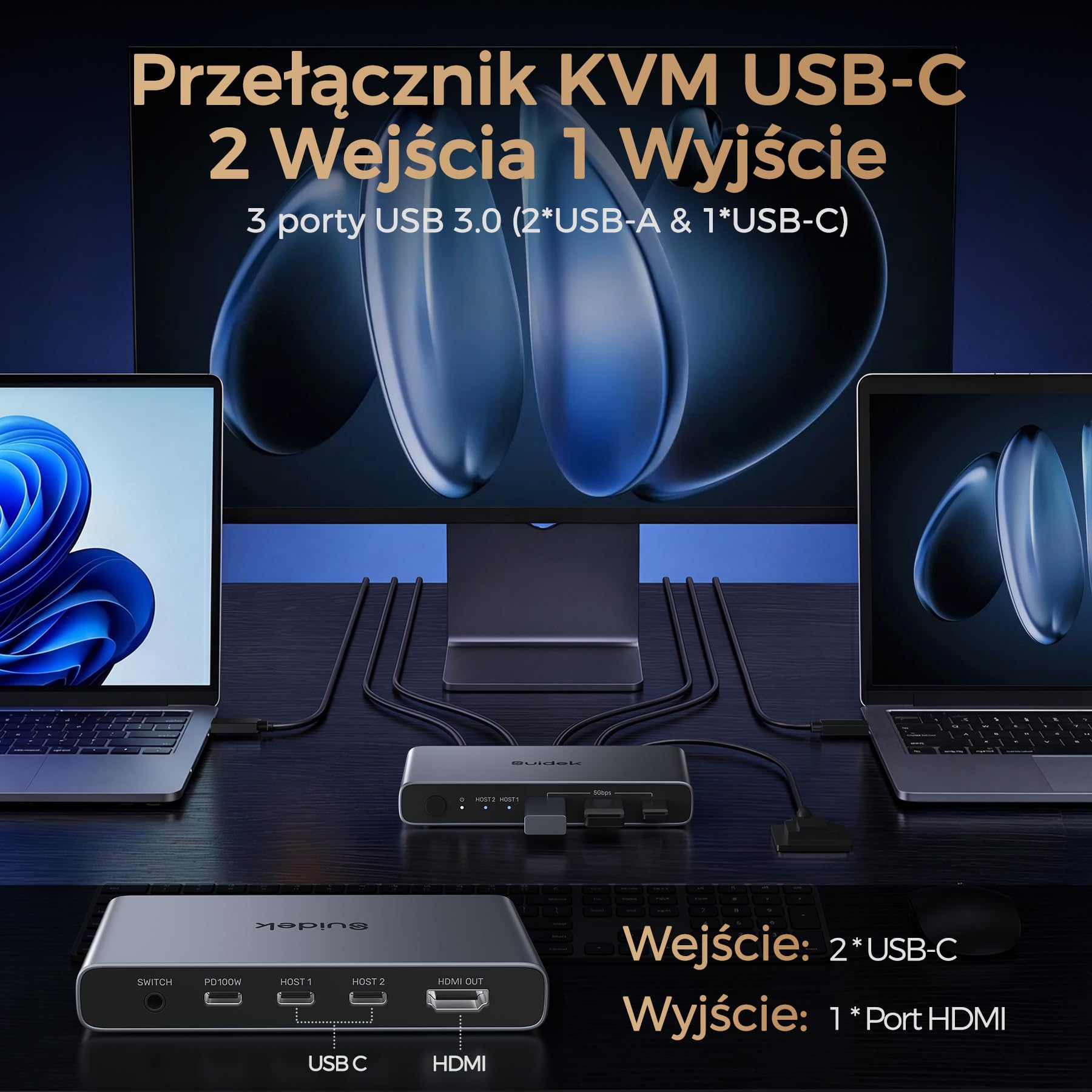 SUIDEK Przełącznik USB C KVM 2 w 1, wyjście 4K 60 Hz, aluminium z 3 portami USB 3.0, na 2 laptopy, 1 monitor, klawiaturę, mysz i drukarkę, z kablem USB/kontrolerem, obsługuje ładowanie do 100 W