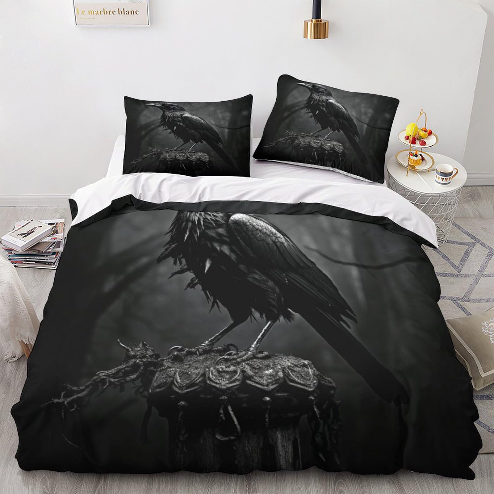 GEEYOU Raven Luxe Duvet Cover Set Hidden Zipper Crows Quilt Cover Set with Pillowcases Bedding Set Soft Microfiber Comforter Cover Various Sizes for Kids Adults King（220x240cm）