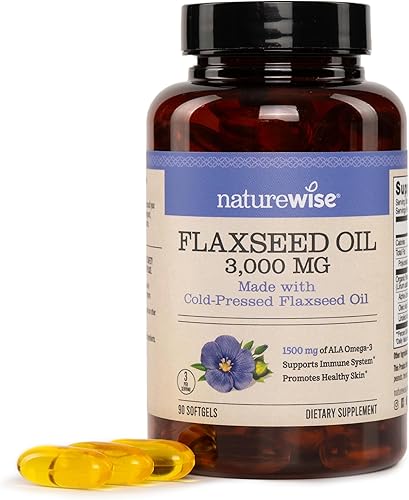 NatureWise Aceite de linaza de 3000 mg, Omega 3 sin pescado con 1500 mg de ALA, suplemento dietético para apoyo a la salud inmunológica, orgánico,