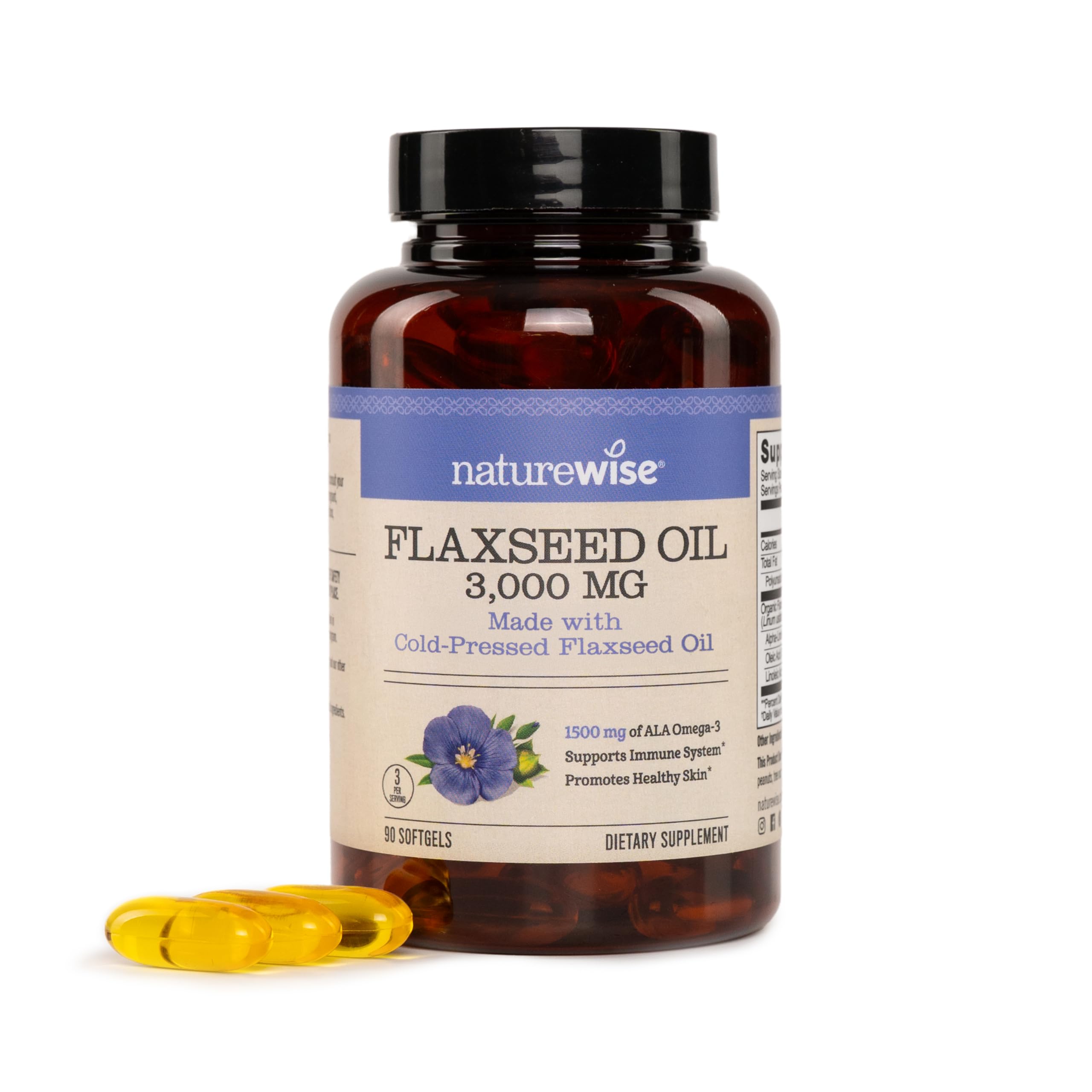 NatureWise Flaxseed Oil 3000 mg, Fish Free Omega 3 with 1500 mg ALA - Plant Based Omega 3 6 9 Supplement - Organic, Cold Pressed, Non-GMO - 90 Softgels[30-Day Supply] 90 Count (Pack of 1)