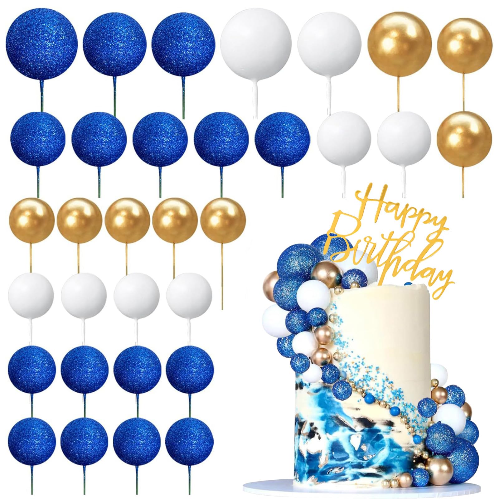32 PCS Blue Ball Cake Topper with Gold Happy Birthday Cake Topper, Foam Balloons for Birthday Cake Decorating Supplies, Happy Birthday Cake