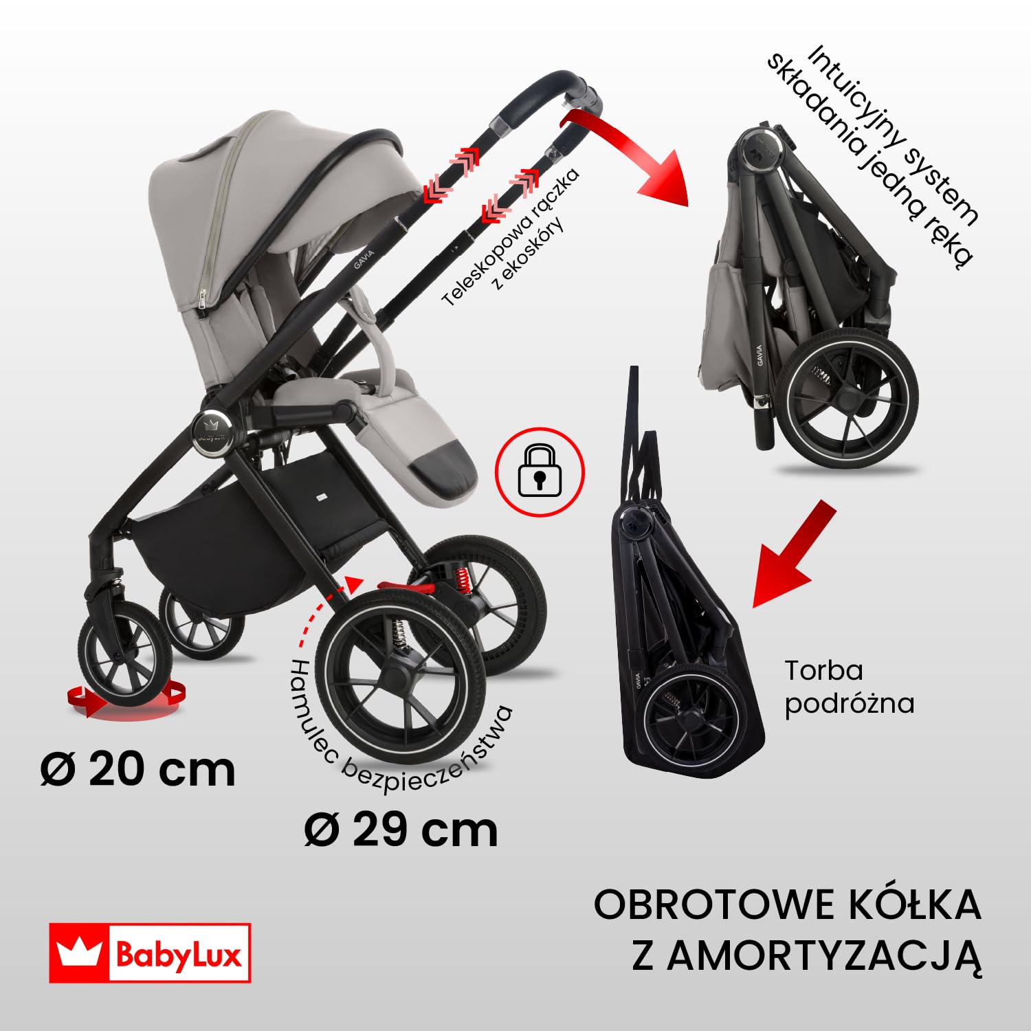 BabyLux Wielofunkcyjny Wózek Dziecięcy 3w1 GAVIA Lekki i Kompaktowy | Gondola, Spacerówka, Fotelik Samochodowy, Składana Aluminiowa Konstrukcja Stelaża, Regulowane oparcie, Akcesoria