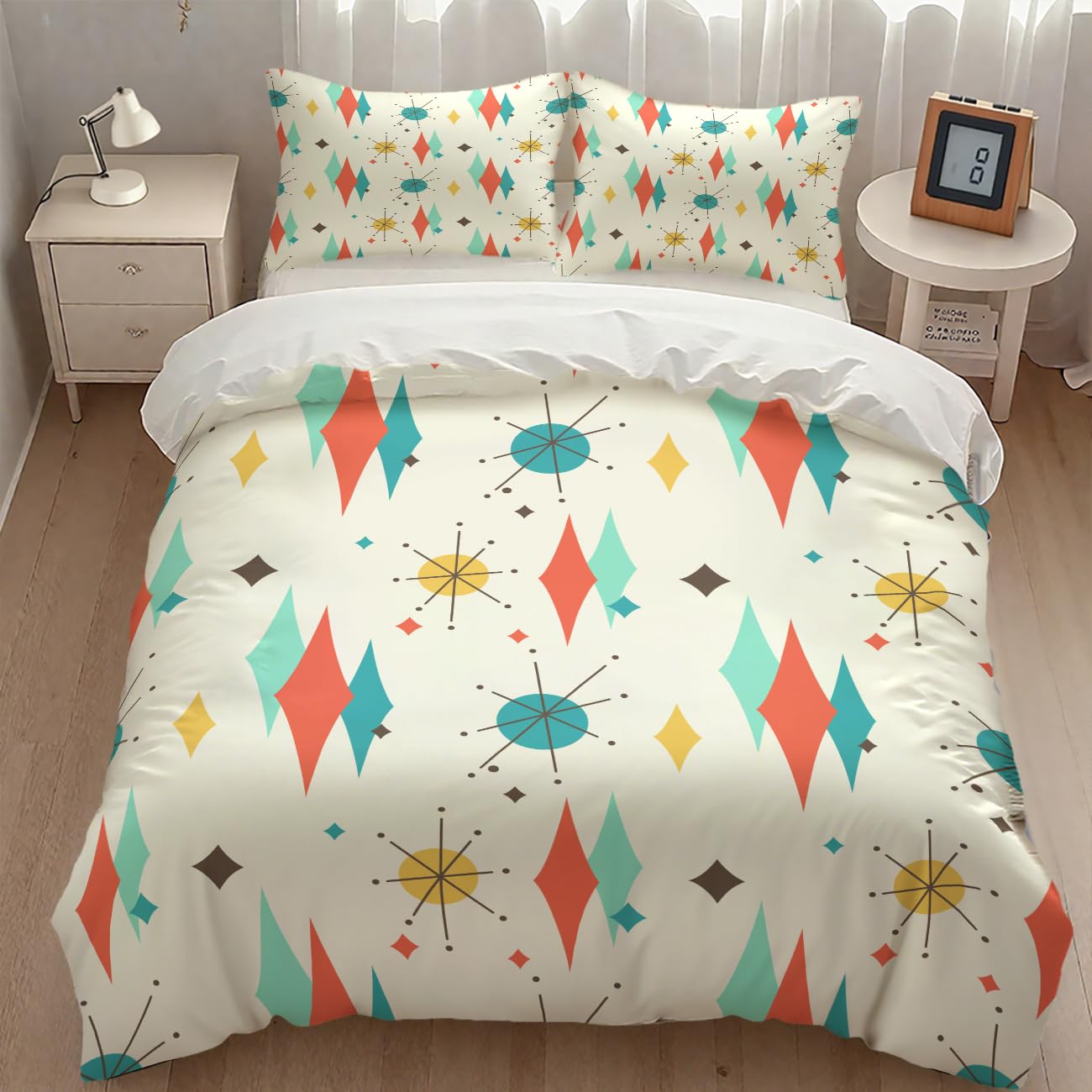 Mid Century Modern Bedding Set,1950s 1960s Vintage Abstract Atomic Stars Geometric Diamond Pastel Pattern Comforter Set with Pillowcase for Bedroom Bed Decor,Full 79"x90"