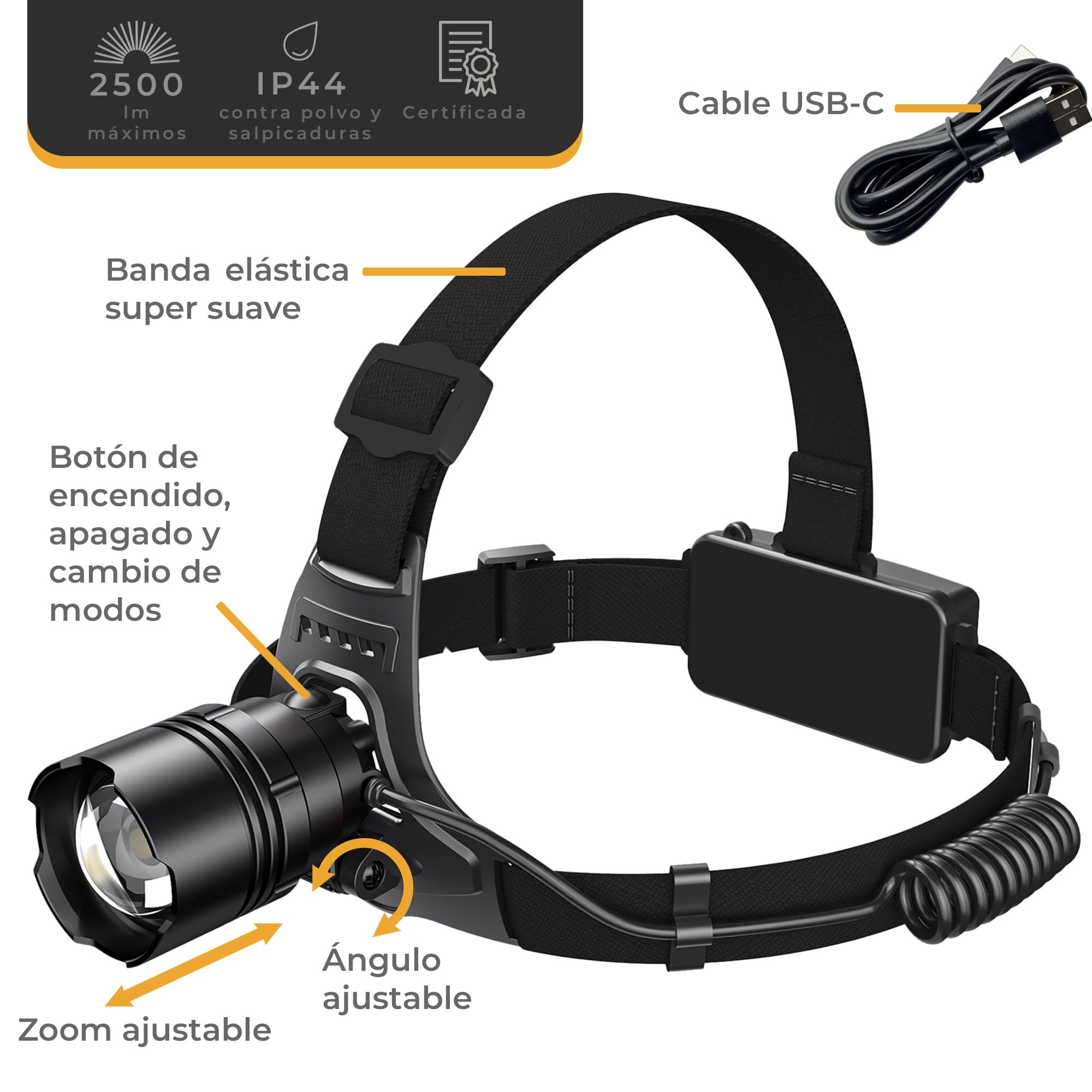 LICHTMEISTER® Linterna (1000 lúmenes, batería de 4000 mAh) – Flash LED alta potencia - Linterna potente recargable y extremadamente brillante (Lámpara de cabeza)