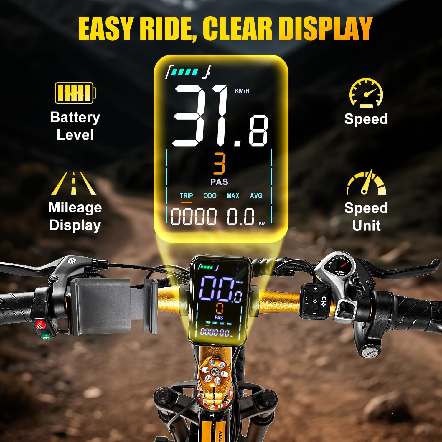 EOEOTWO E01 LCD Display showing battery level, speed, mileage, and speed unit