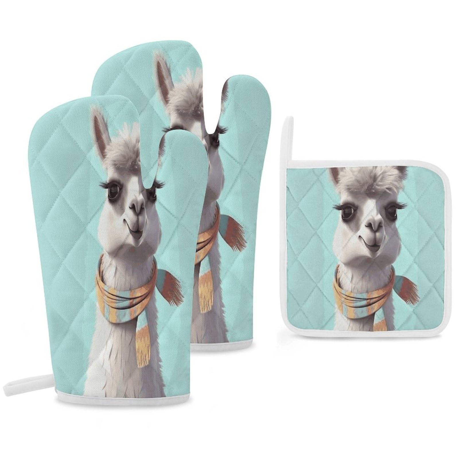 Fekiloot Style Funny Cartoon Llama Oven Mitts Funny Heat Resistant,Oven Glove With Hanging Loop,Resistant Hot Pads For Kitchen Baking Grilling Cooking