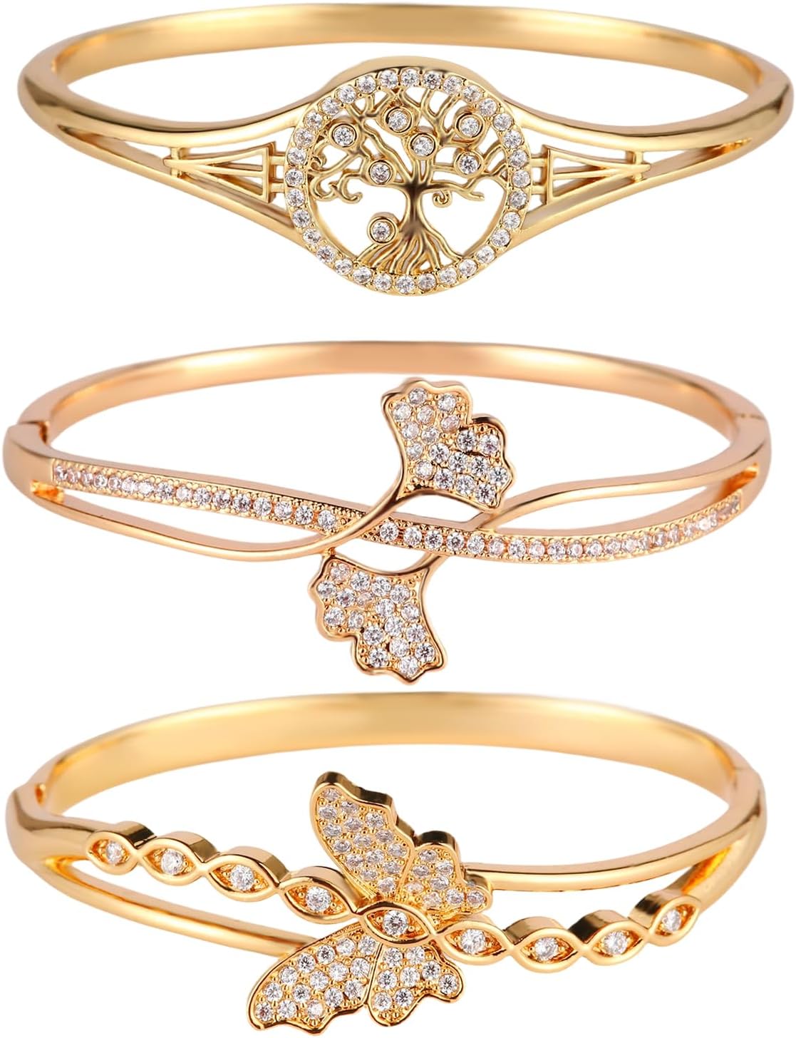 3 Pack 18K Gold Plated Bangles Bracelet Set for Women, Zinc Alloy with 3A Zircon, Dainty Vintage Trendy, Waterproof, Non Tarnish, Accessories for Women Jewelry, Ideal Gift, Party Favors