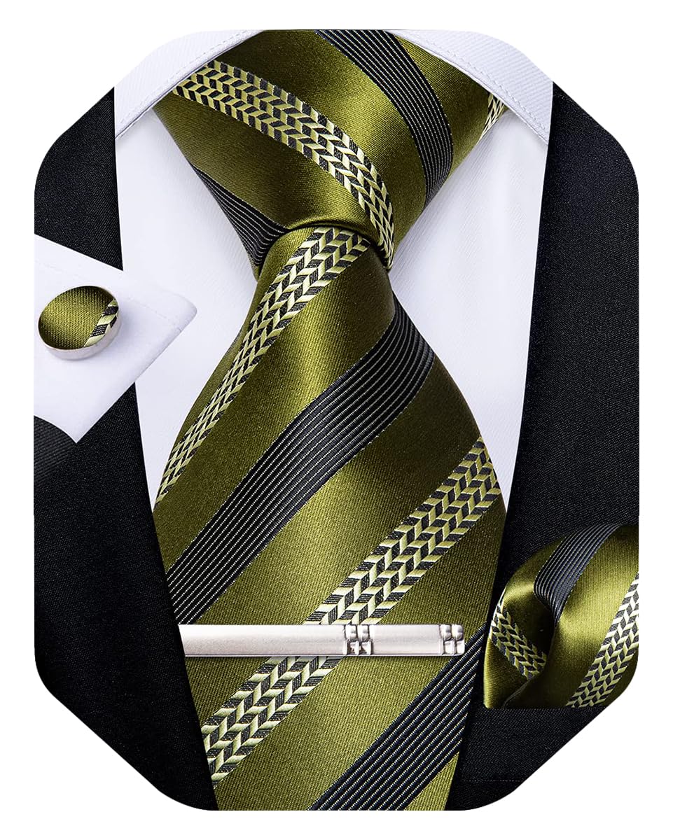 DiBanGu Mens Striped Tie Silk Woven Necktie and Pocket Square Cufflinks Tie Clip Set Wedding Business Formal Gift Tie for Men