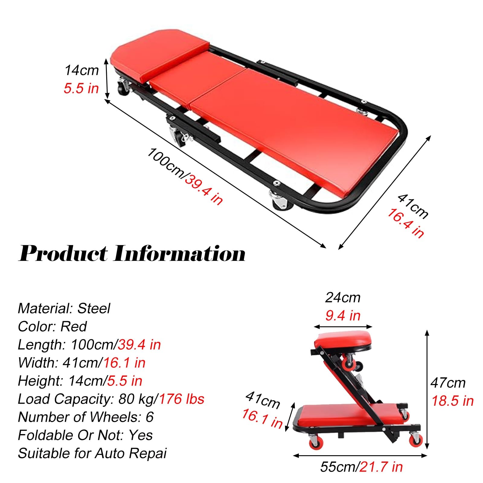 Creeper automobilistico pieghevole in acciaio con 6 rotelle, design 2-IN-1 Rosso, Creeper meccanico portatile da 39,4 pollici di lunghezza per garage/officina di riparazione (Rosso con rotelle 14 cm/
