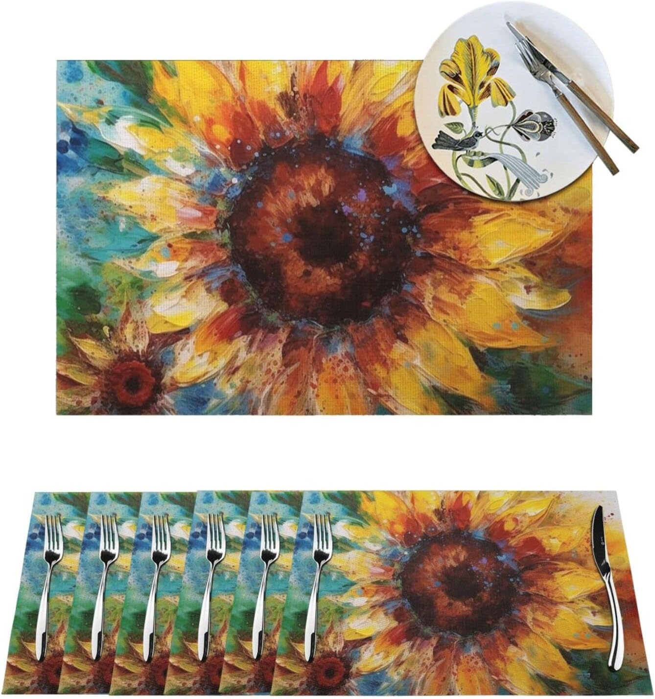 Placemats Set of 6 PCS Heat Resistant Non-Slip PVC Place mats for Dining Table Abstract Sunflower Multicolor Vinyl Woven Placemat Washable Wipeable Table Mats for Kitchen Indoor Outdoor 18 x 12 Inch