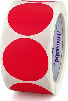 ChromaLabel Red Dot Stickers, 2 Inch Removable, 500/Roll | Writable semi-gloss red circle labels with clean-remove adhesive for warehouses, offices and medical use. Made in USA