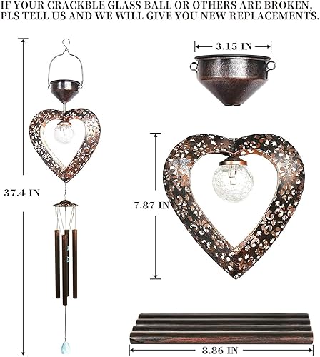 Miniatura 2 de Campanillas de viento solares para exteriores, de tono profundo, corazón, LED, bola de cristal, decoración LED, metal elegante, decoración colgante,