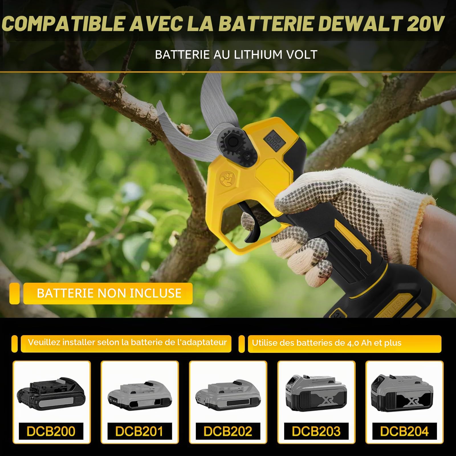 Sécateur électrique compatible avec Dewalt 20 V, sécateur sans fil avec perche d'extension jusqu'à 4,57 m, écran LCD, batterie de 30 mm pour jardin (sans batterie)