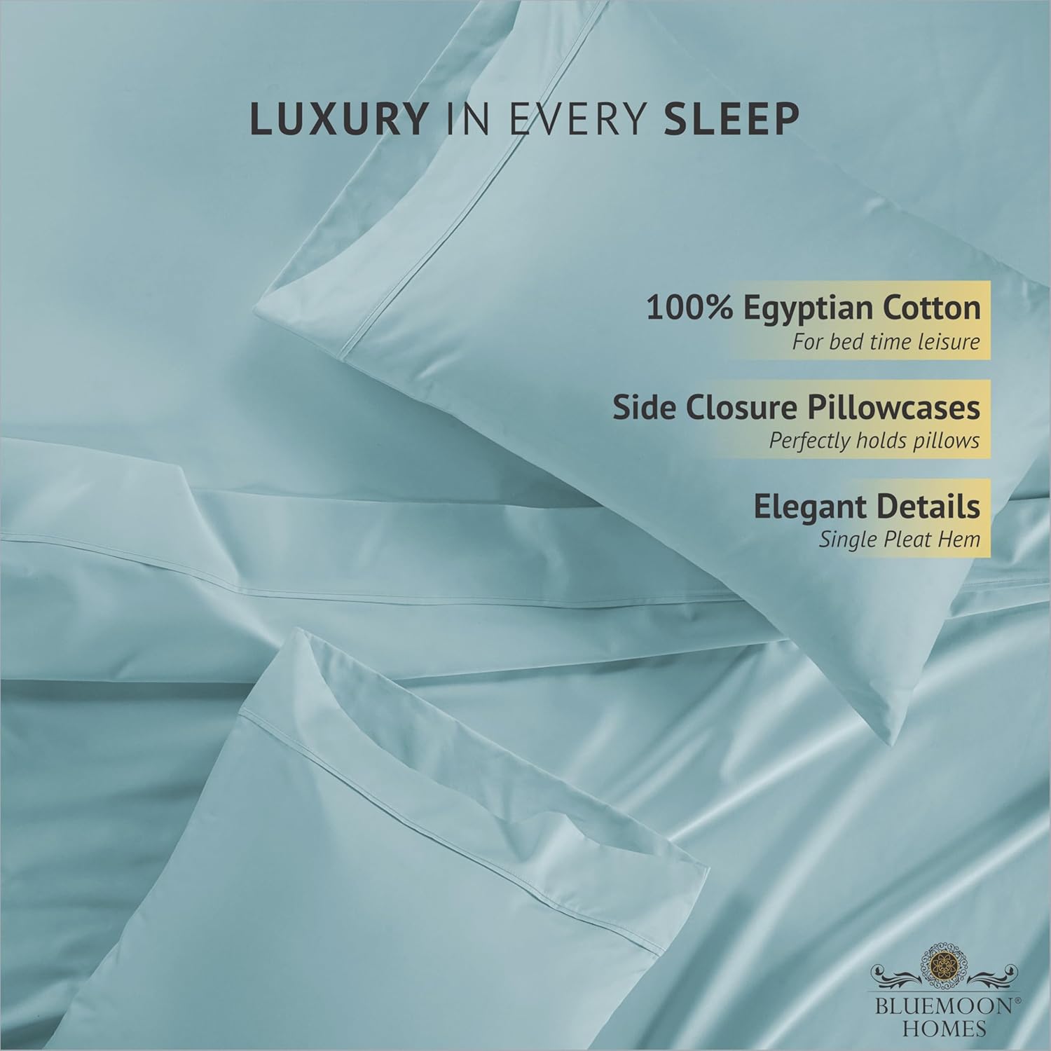 Bluemoon Homes Queen Sheets - 100% Egyptian Cotton Sateen Bed Sheets Deep Pocket (18"), Cotton Sheets Queen Size Set, Cool Crisp and Durable Bed Linen (Sky Blue)